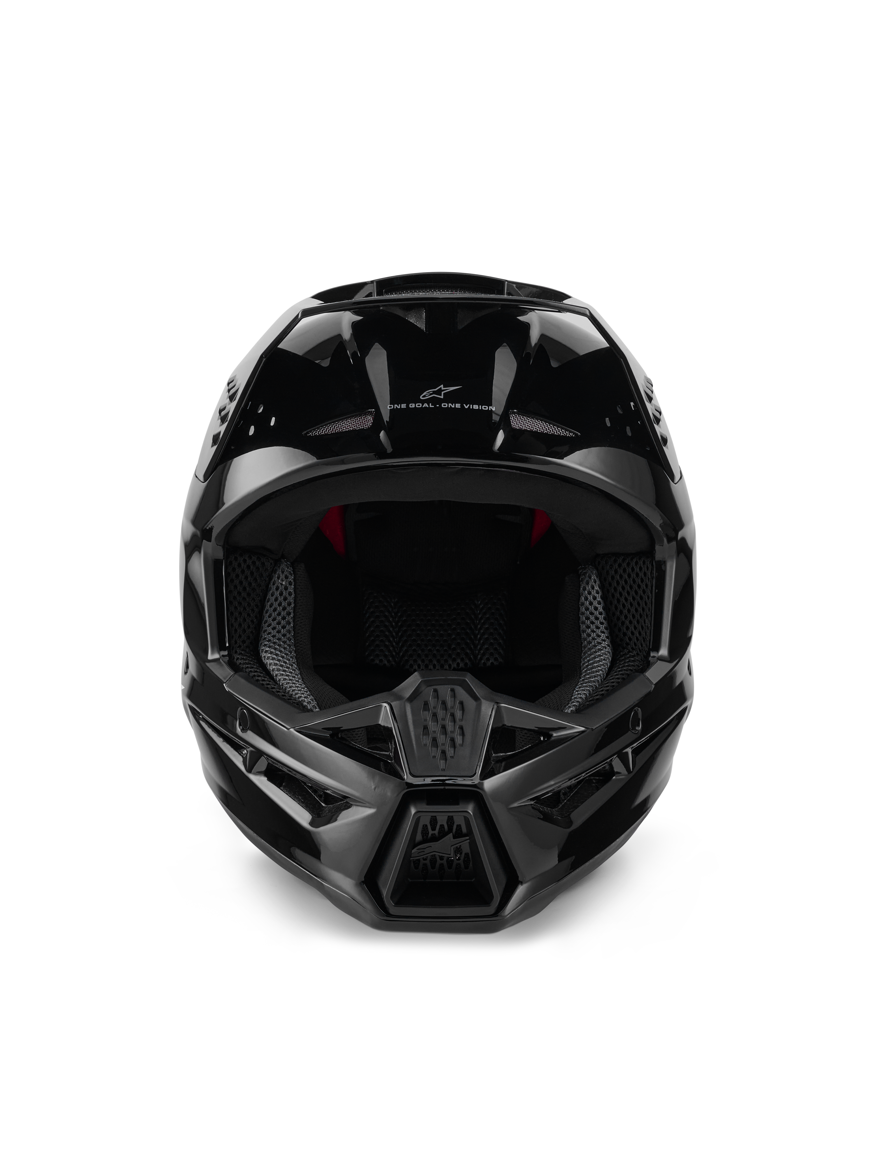 Alpinestars S-M3 Solid Helmet ECE 22.06, Motocross Helmet, Black Glossy, front view showing intake ventilation ports, sleek aerodynamic shell with glossy finish, featuring Alpinestars logo and 'One Goal. One Vision.' branding