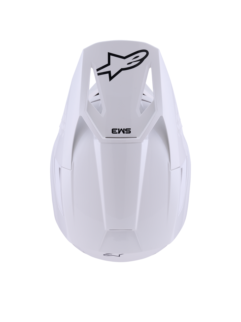 Alpinestars S-M3 Solid Helmet, White Glossy, Motocross Helmet, top-down view featuring black Alpinestars star logo and SM3 branding on the visor, sleek thermo-injected shell with a glossy finish, ECE 22.06 certified off-road protection