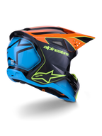 Alpinestars S-M3 Fray Helmet ECE 22.06, Motocross Helmet, Black with Orange and Blue panels, featuring neon yellow Alpinestars logo, large blue rear section with star graphic, orange visor with integrated vents, professional off-road protective gear