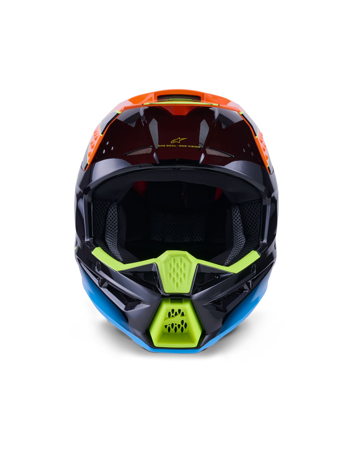 Casque Alpinestars S-M3 Fray ECE 22.06, casque de motocross, noir, orange et jaune fluo, vue de face présentant le design agressif de la mentonnière avec aérations en mesh, une large ouverture faciale et un profil aérodynamique épuré pour la course tout-terrain.