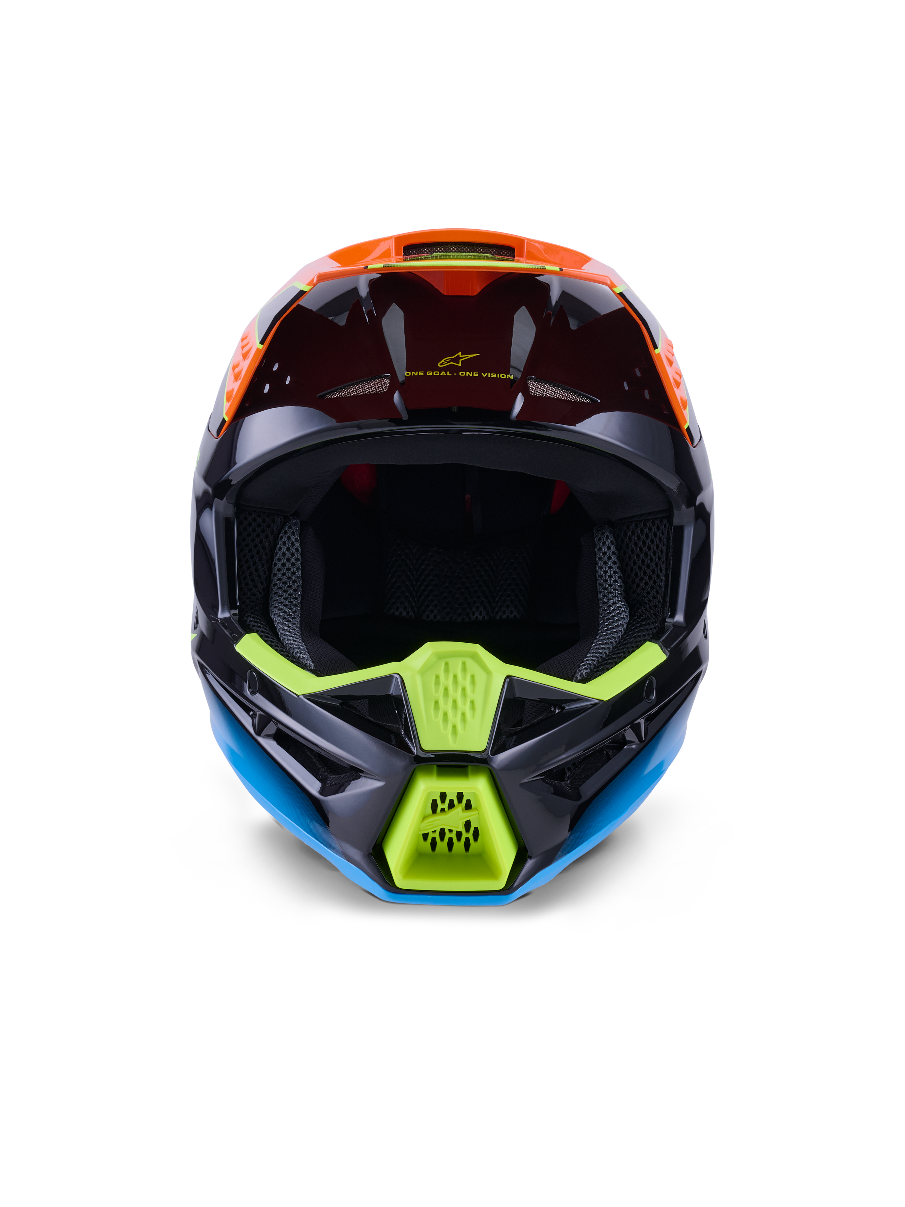 Alpinestars S-M3 Fray Helmet ECE 22.06, Motocross Helmet, Black Orange and Fluo Yellow, front view showcasing aggressive chin bar design with mesh vents, wide eye port, and sleek aerodynamic profile for off-road racing.