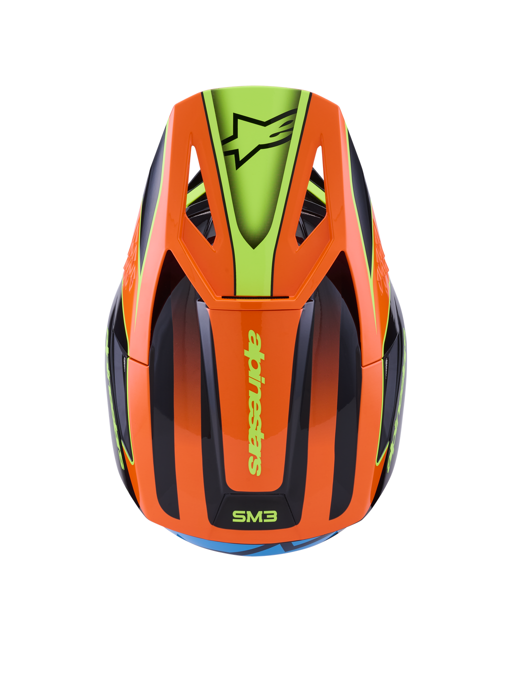 Alpinestars S-M3 Fray Helmet, Motocross Helmet, Orange and Fluorescent Yellow with Black accents, top view showing aerodynamic shell and peak with Alpinestars logo, vibrant graphic design for off-road riding
