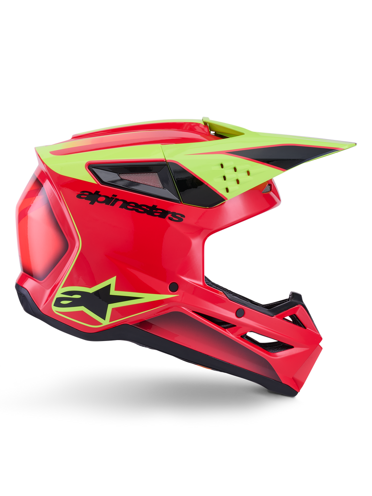 Alpinestars S-M3 Fray Helmet ECE 22.06, casque de motocross, rouge, jaune fluo et noir brillant, vue de profil avec coque aérodynamique, multiples ports de ventilation, marquage noir et visière jaune haute visibilité