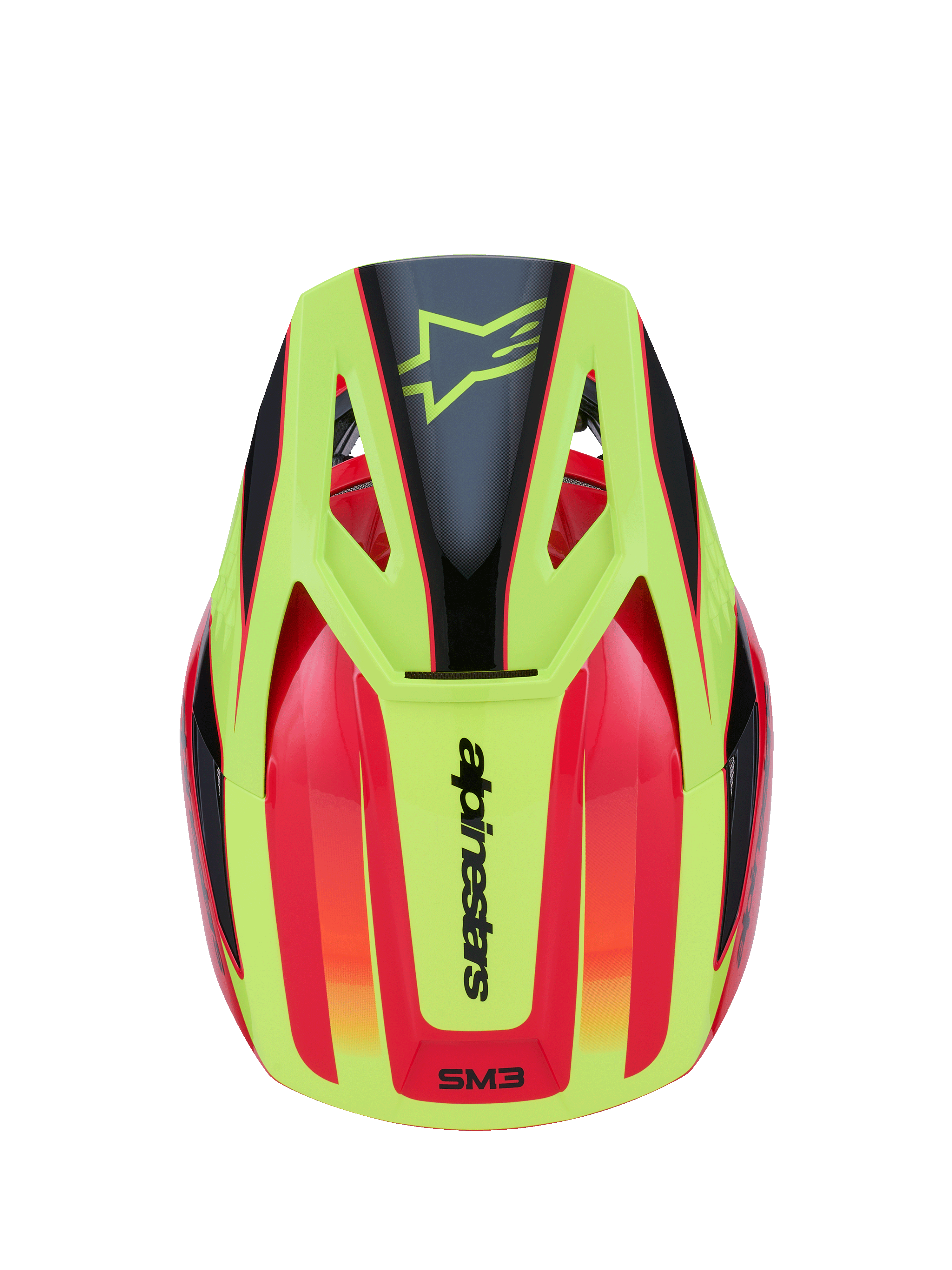 Alpinestars S-M3 Fray Helmet, Motocross Helmet, Red Yellow Fluo and Black Glossy, top-down view featuring vibrant graphic design with black star logo on the yellow peak and Alpinestars branding on the back