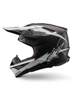 Alpinestars Supertech M10 Ampress Helmet, Motocross Helmet, Matte Black and White, profile view featuring bold white lightning-style graphics, aerodynamic shell with visible ventilation ports and visor, advanced off-road protection