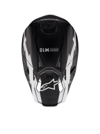 Alpinestars Supertech M10 Ampress Helmet, Motocross Helmet, Black and White Matte, top-down view showing white geometric graphics, A-star logo on the visor and Supertech M10 branding on the crown, aerodynamic design for off-road performance