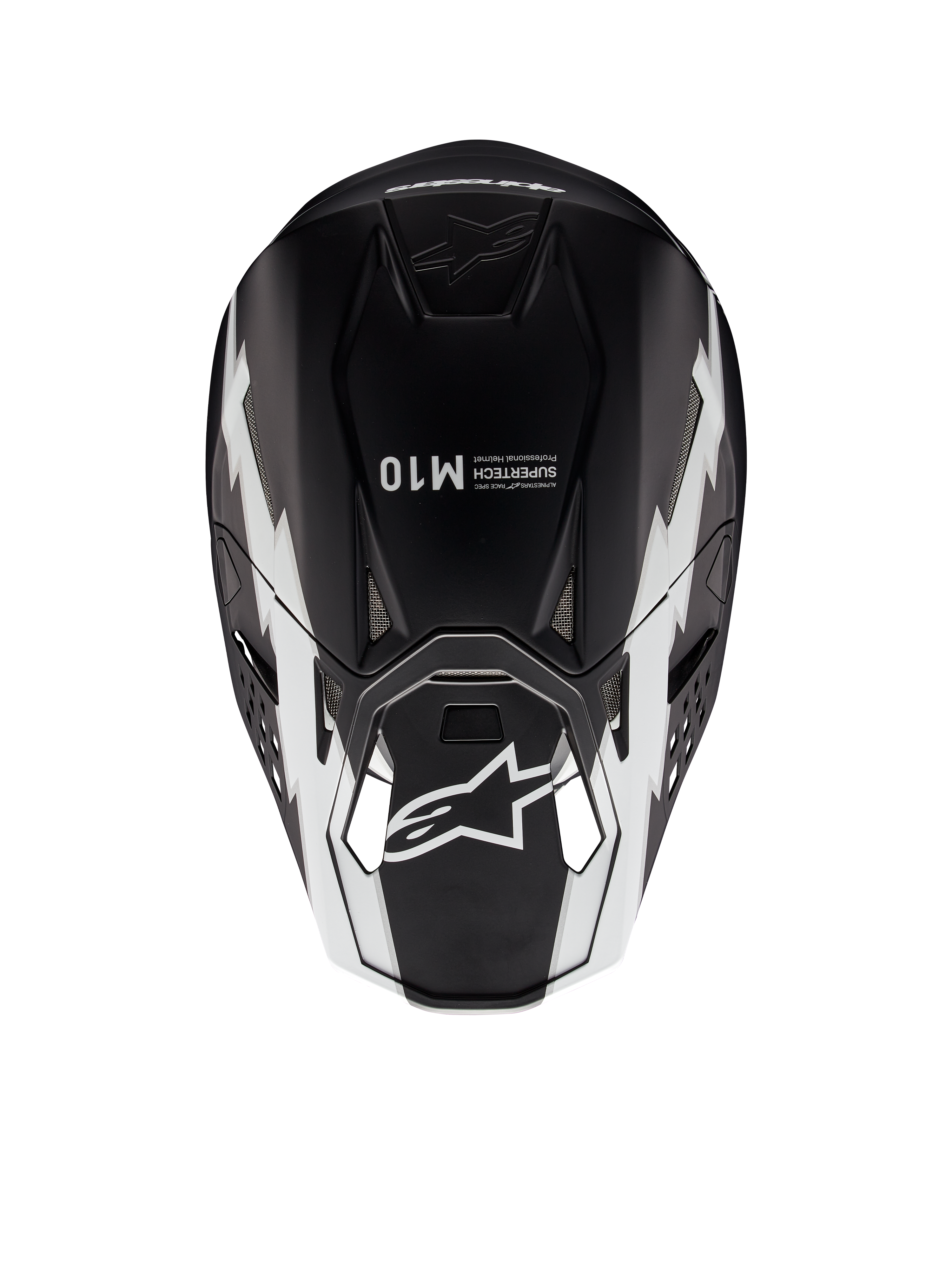 Alpinestars Supertech M10 Ampress Helmet, Motocross Helmet, Black and White Matte, top-down view showing white geometric graphics, A-star logo on the visor and Supertech M10 branding on the crown, aerodynamic design for off-road performance