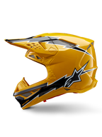 Alpinestars Supertech M10 Ampress Helmet, Motocross Helmet, Glossy Yellow with Black and White Graphics, side view featuring bold angular designs, Alpinestars star logo, and multiple ventilation ports with silver mesh, professional off-road racing gear