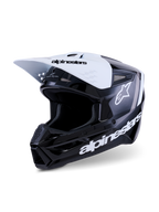 Alpinestars S-M3 Radium Helmet, Motocross Helmet, Black White and Gray Glossy, featuring a white visor with black branding, glossy black shell with prominent white Alpinestars logos and gray graphic accents, aerodynamic design for off-road racing