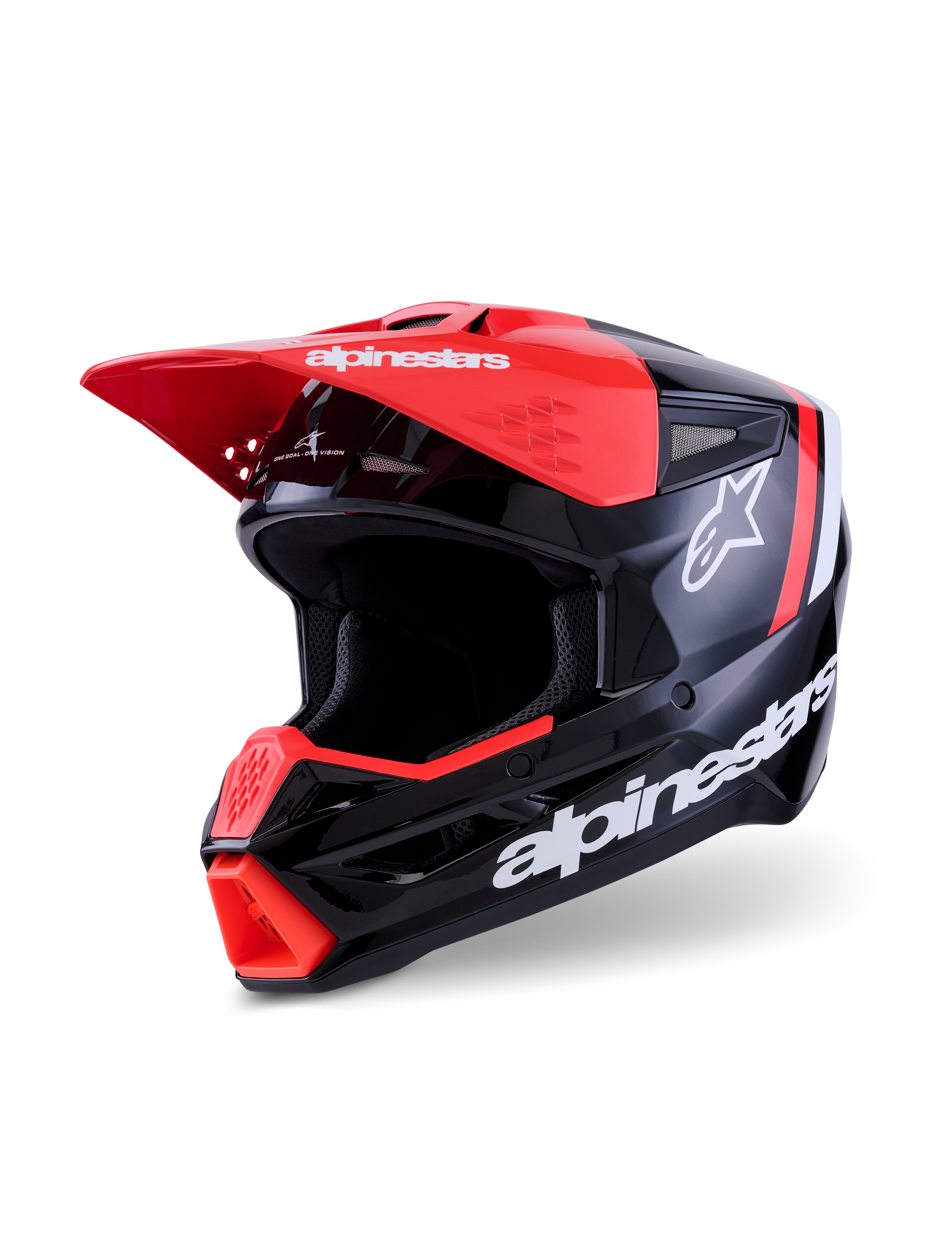 Alpinestars S-M3 Radium Helmet, Motocross Helmet, Black Red Fluo and White Glossy, high-gloss finish with bold white Alpinestars branding and star logo, featuring a bright red visor peak and chin vent, engineered for off-road protection.