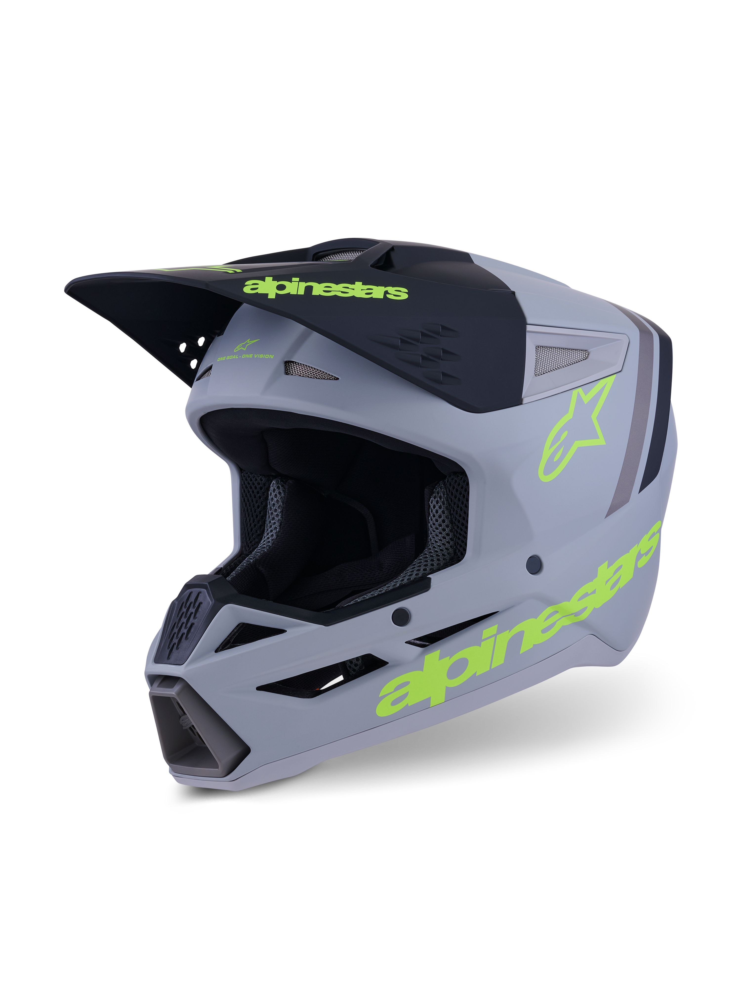 Alpinestars S-M3 Radium Helmet, Motocross and Enduro Helmet, Gray Black and Neon Yellow Fluo Matte, three-quarter view showing aggressive shell design, ventilated intake ports, and bold yellow logos