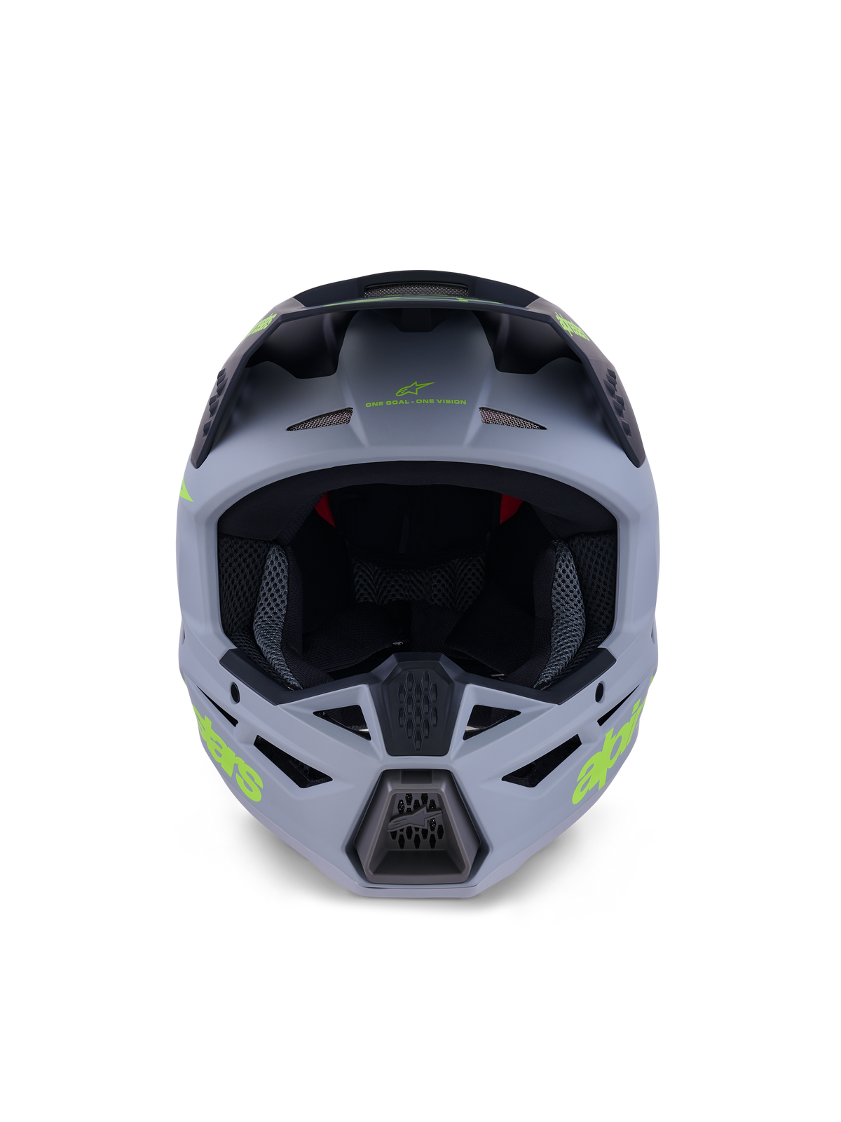 Casque Alpinestars S-M3 Radium, casque de motocross intégral, vert mat et noir avec marquage jaune fluo, vue de face mettant en évidence les orifices de ventilation du menton et du front avec une large ouverture faciale, équipement de protection tout-terrain professionnel.