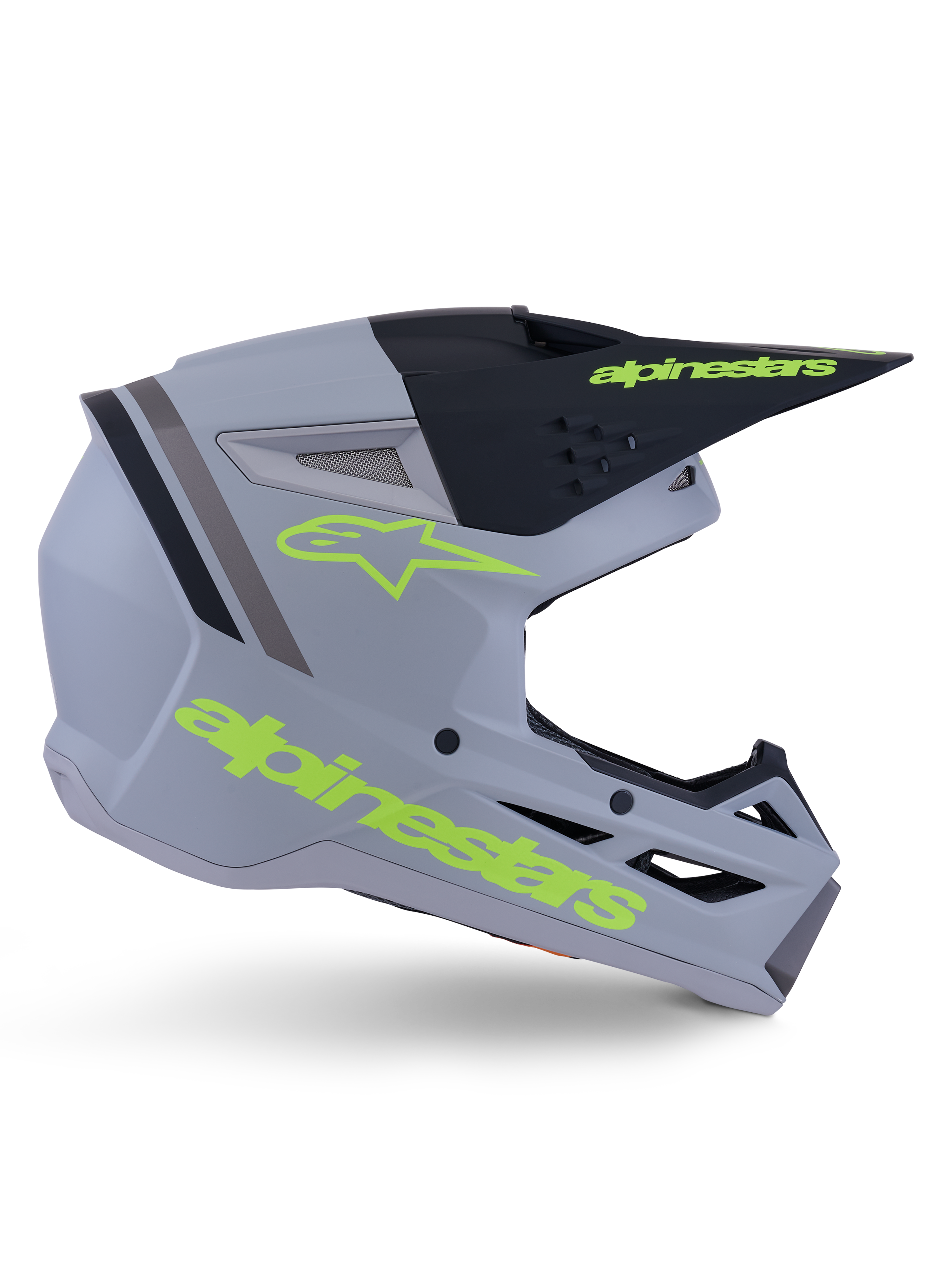 Alpinestars S-M3 Radium Helmet ECE 22.06, casque de motocross, gris mat, noir et jaune fluo, doté d'un design aérodynamique angulaire avec visière et système de ventilation intégré
