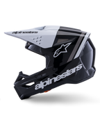 Alpinestars S-M3 Radium Helmet ECE 22.06, side profile view, glossy black and white finish, gray racing stripes, white Alpinestars logo on the side and chin area, ventilated design for motocross and enduro