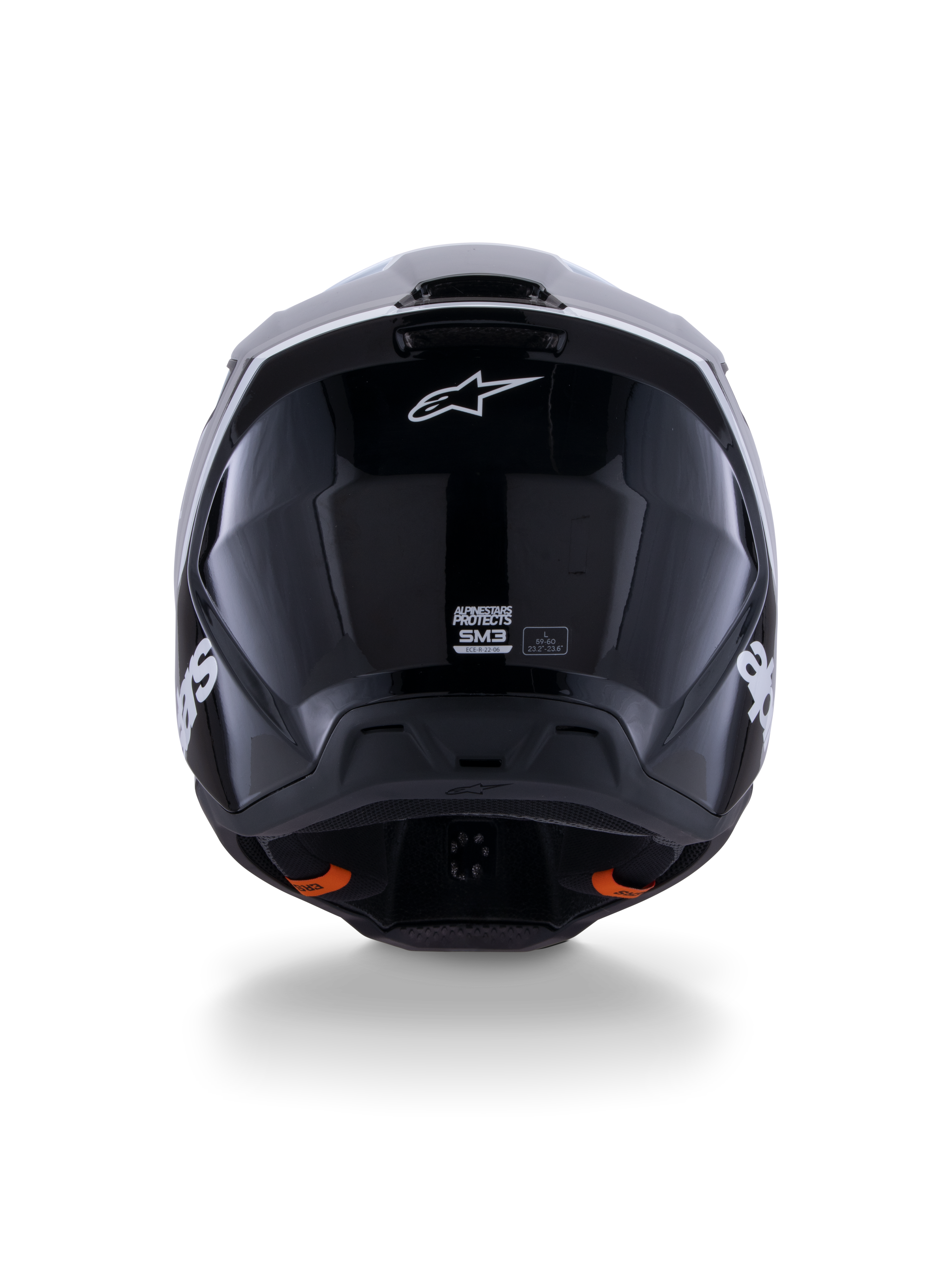 Alpinestars S-M3 Radium Helmet ECE 22.06, Motocross Helmet, Black White Gray Glossy, rear view showing glossy black finish, Alpinestars star logo, ventilation exhaust ports, and ECE certification label.