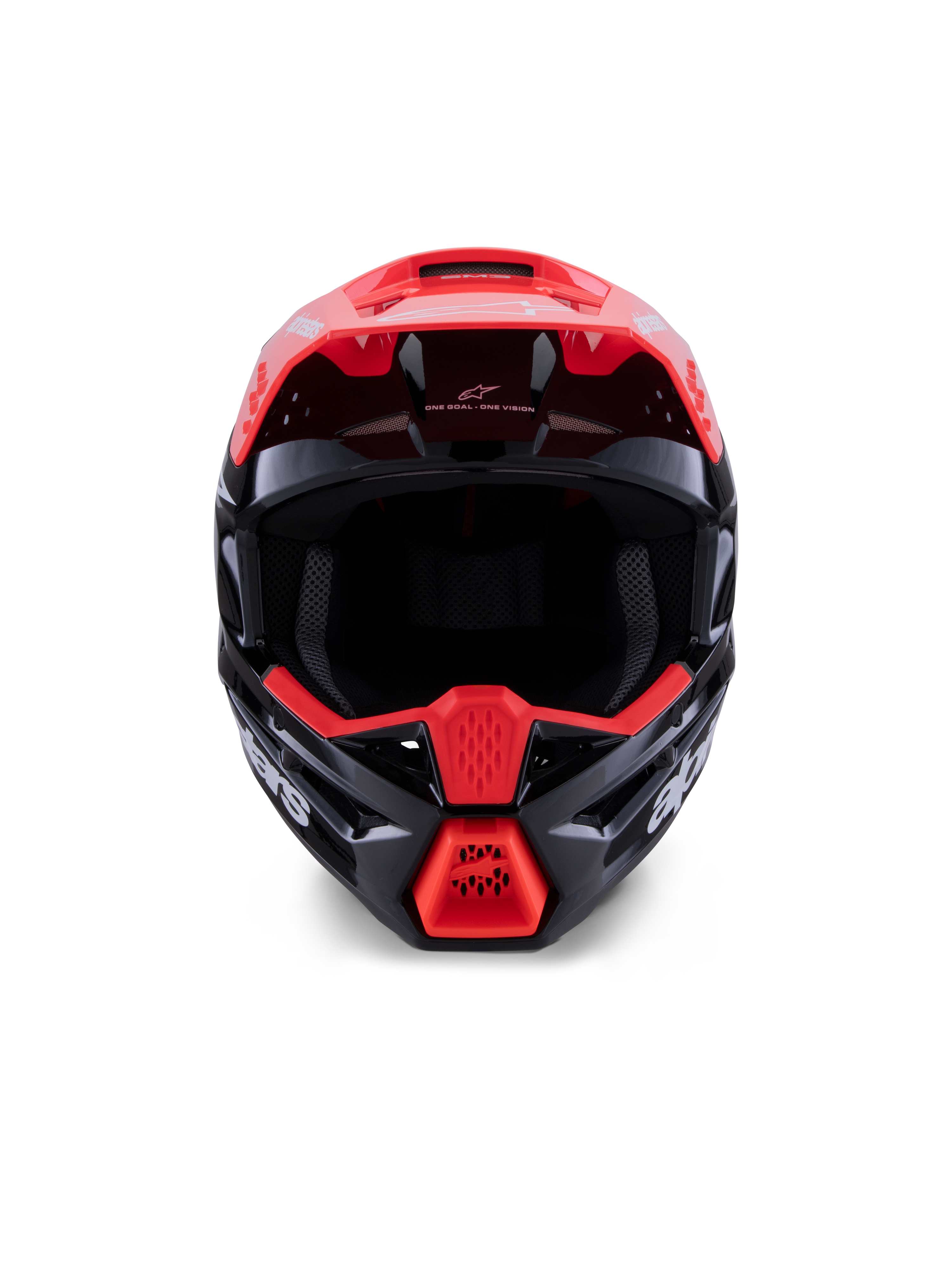 Alpinestars S-M3 Radium Helmet ECE 22.06, Motocross Helmet, Glossy Black with Fluorescent Red and White accents, front-facing view showing the aerodynamic shell, integrated visor, and protective chin bar with bold Alpinestars branding.