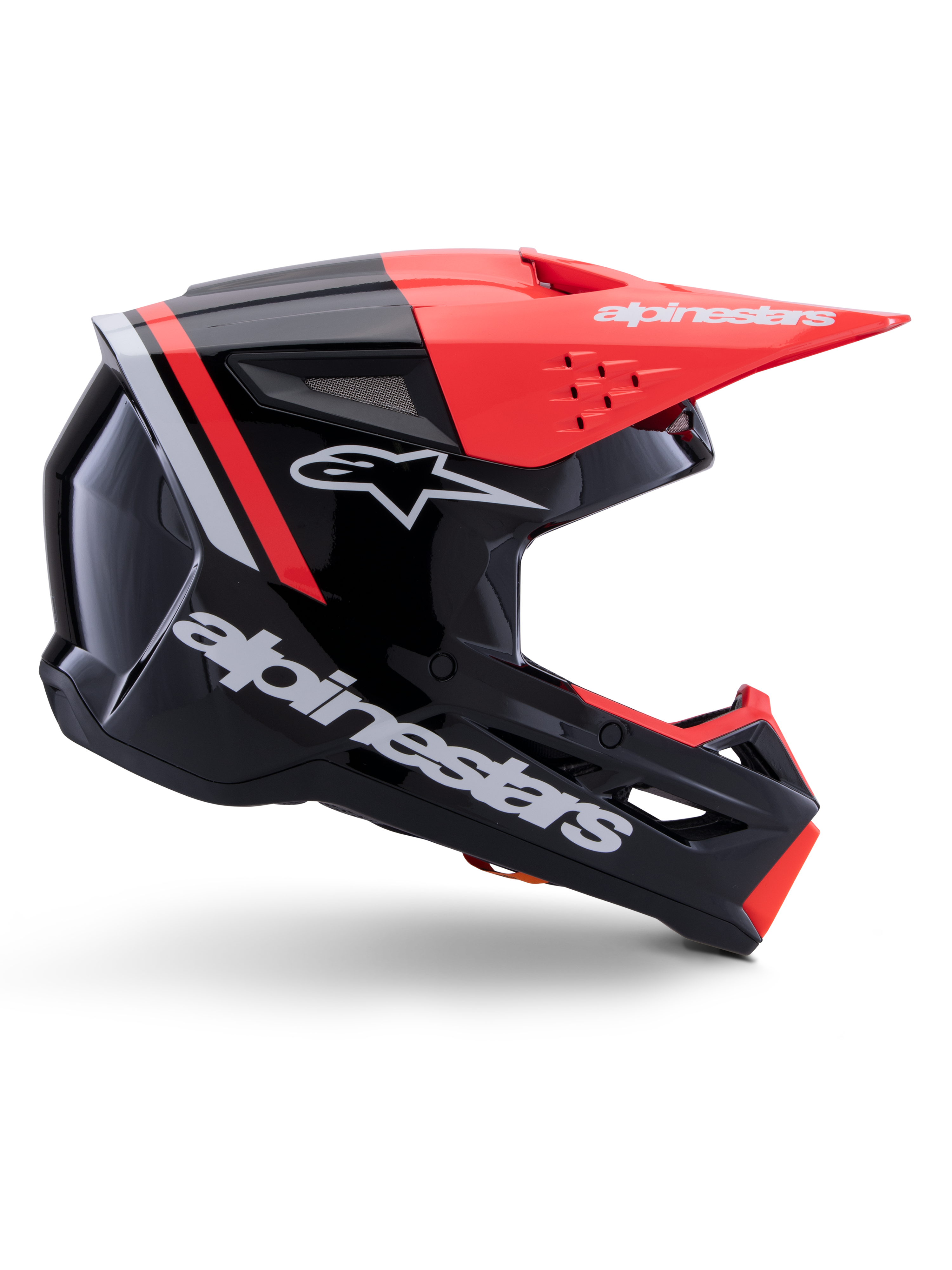 Alpinestars S-M3 Radium Helmet, Motocross Helmet, Black Red Fluo and White Glossy, featuring an aerodynamic design with an angular visor, ventilation ports, and a glossy finish, premium motorsports protection