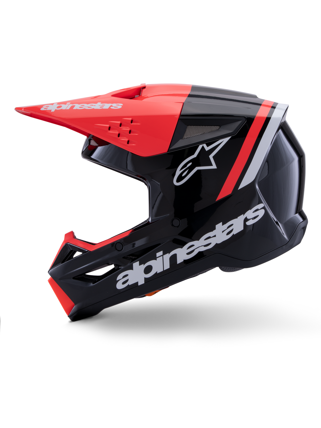 Alpinestars S-M3 Radium Helmet, Motocross Helmet, Black Red Fluo and White Glossy, side profile view, featuring large white Alpinestars branding and star logo, red fluo peak and chin bar accents, glossy finish, engineered for MX and Enduro off-road riding.