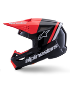 Alpinestars S-M3 Radium Helmet, Motocross Helmet, Black Red Fluo and White Glossy, side profile view, featuring large white Alpinestars branding and star logo, red fluo peak and chin bar accents, glossy finish, engineered for MX and Enduro off-road riding.