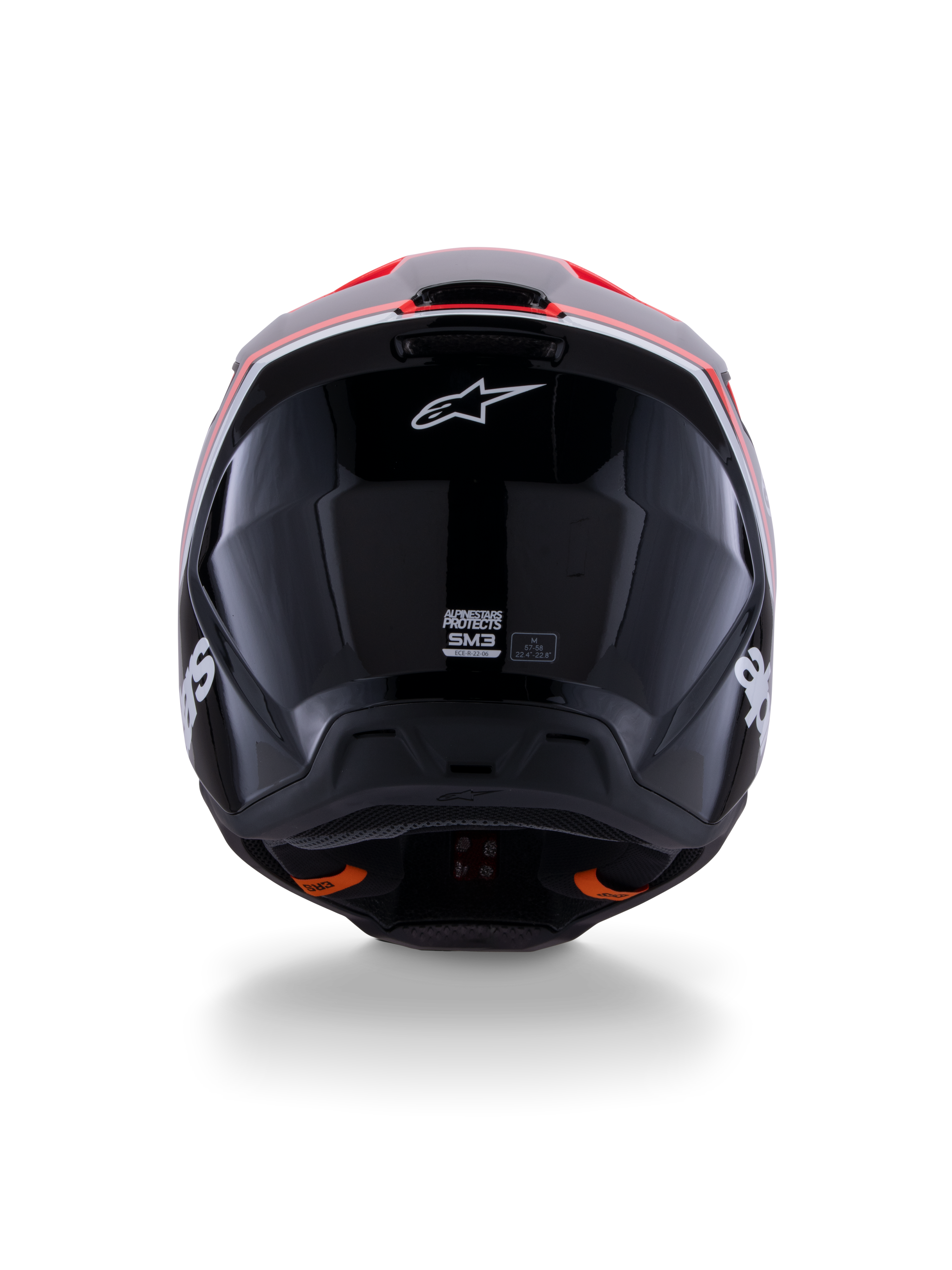 Alpinestars S-M3 Radium Helmet ECE 22.06, Motocross Helmet, Glossy Black with Red Fluo and White accents, rear view displaying the aerodynamic shell design, white star logo, and certification labels.
