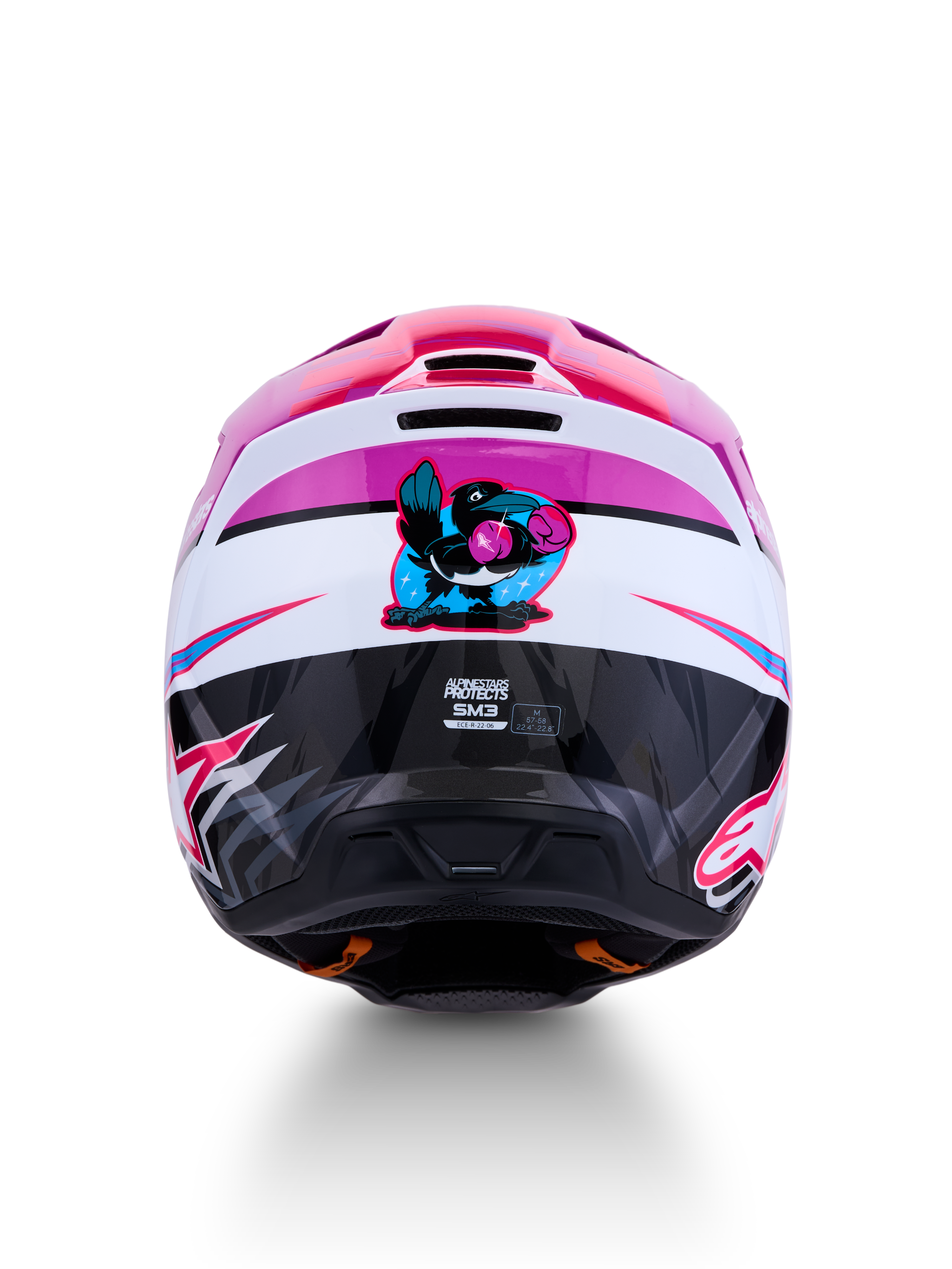 Casque Alpinestars SM3 Falcon ECE06, casque de motocross violet et blanc, certifié ECE, vue arrière avec corbeau boxeur.