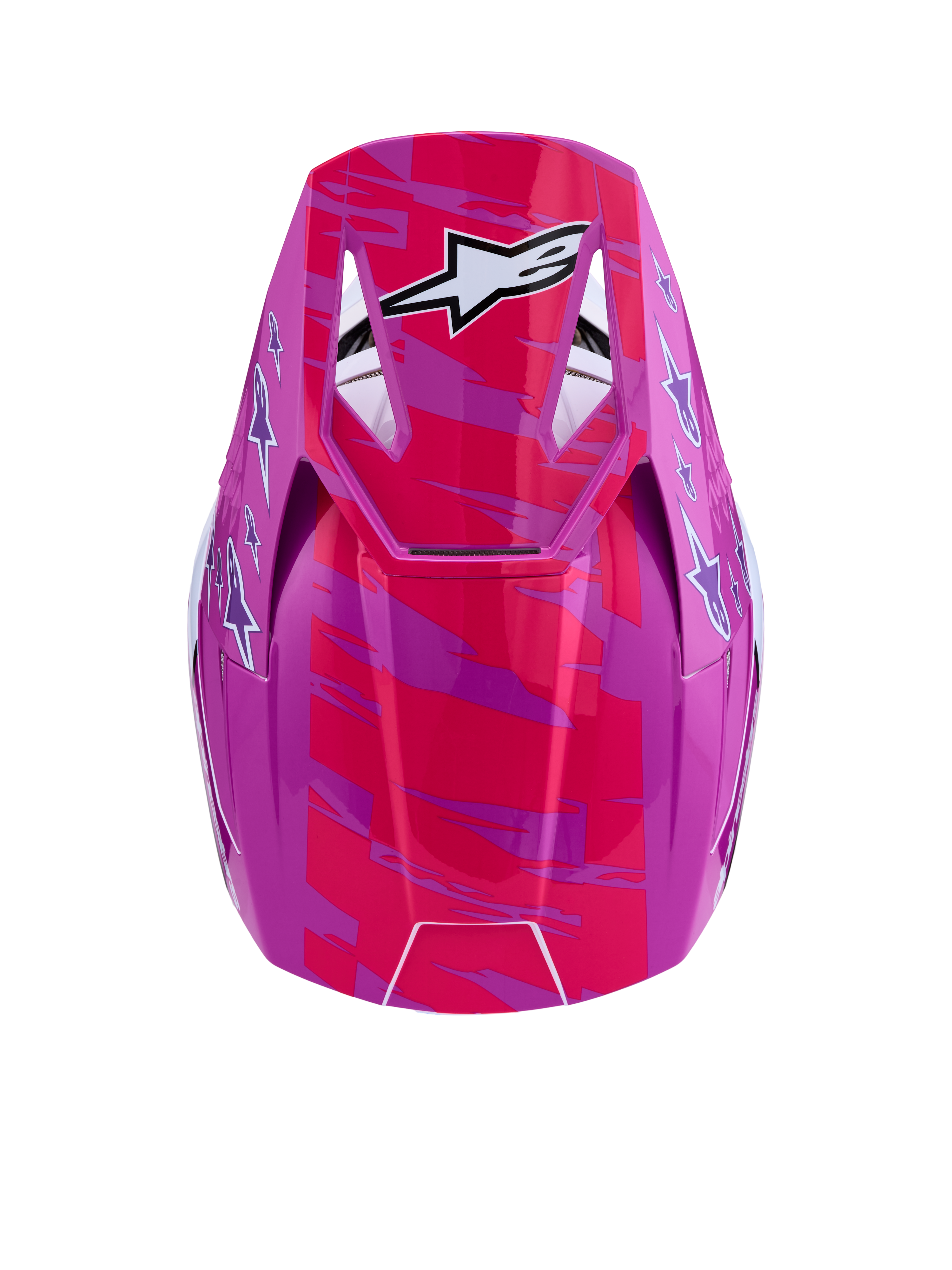 Casque Alpinestars SM3 Falcon ECE06, casque de motocross rose fluo et violet brillant avec logos blancs, vue de dessus.