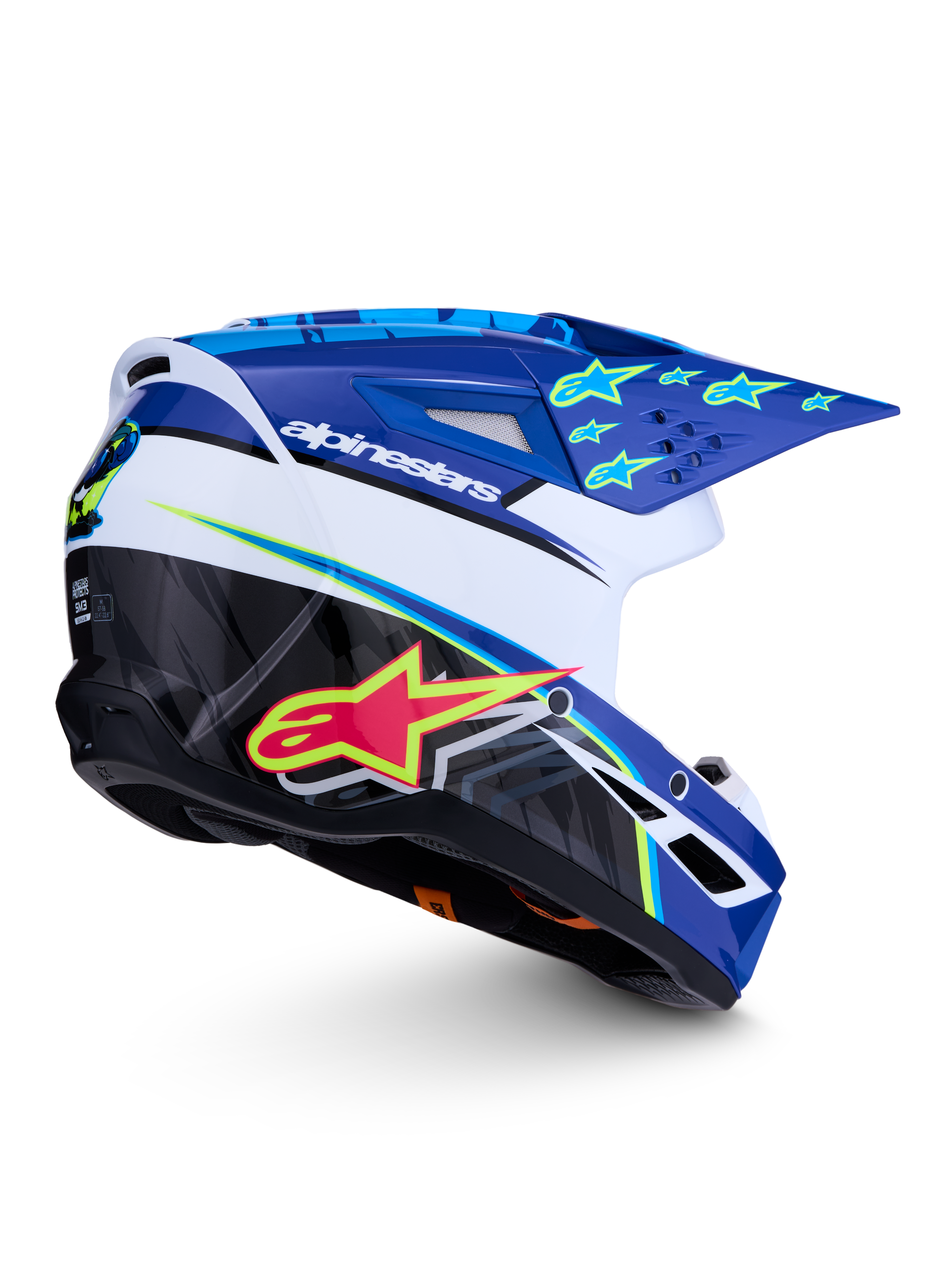 Alpinestars SM3 Falcon Helmet ECE06, blue, white, and black motocross helmet with fluo yellow accents and glossy finish.