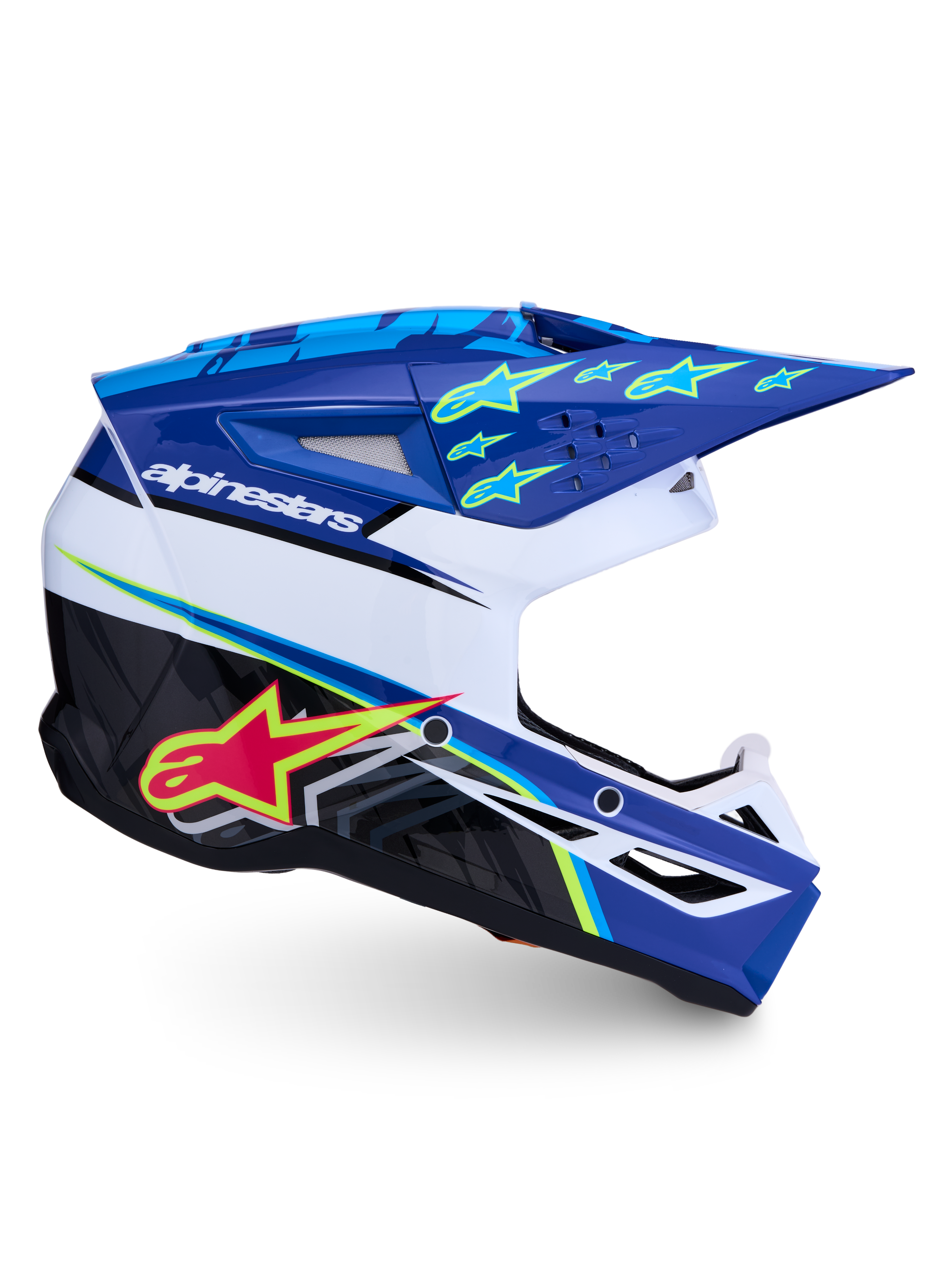 Alpinestars SM3 Falcon ECE06, casque de motocross tout-terrain, bleu et blanc, graphismes d'étoiles, ventilation avancée, certifié ECE 22.06