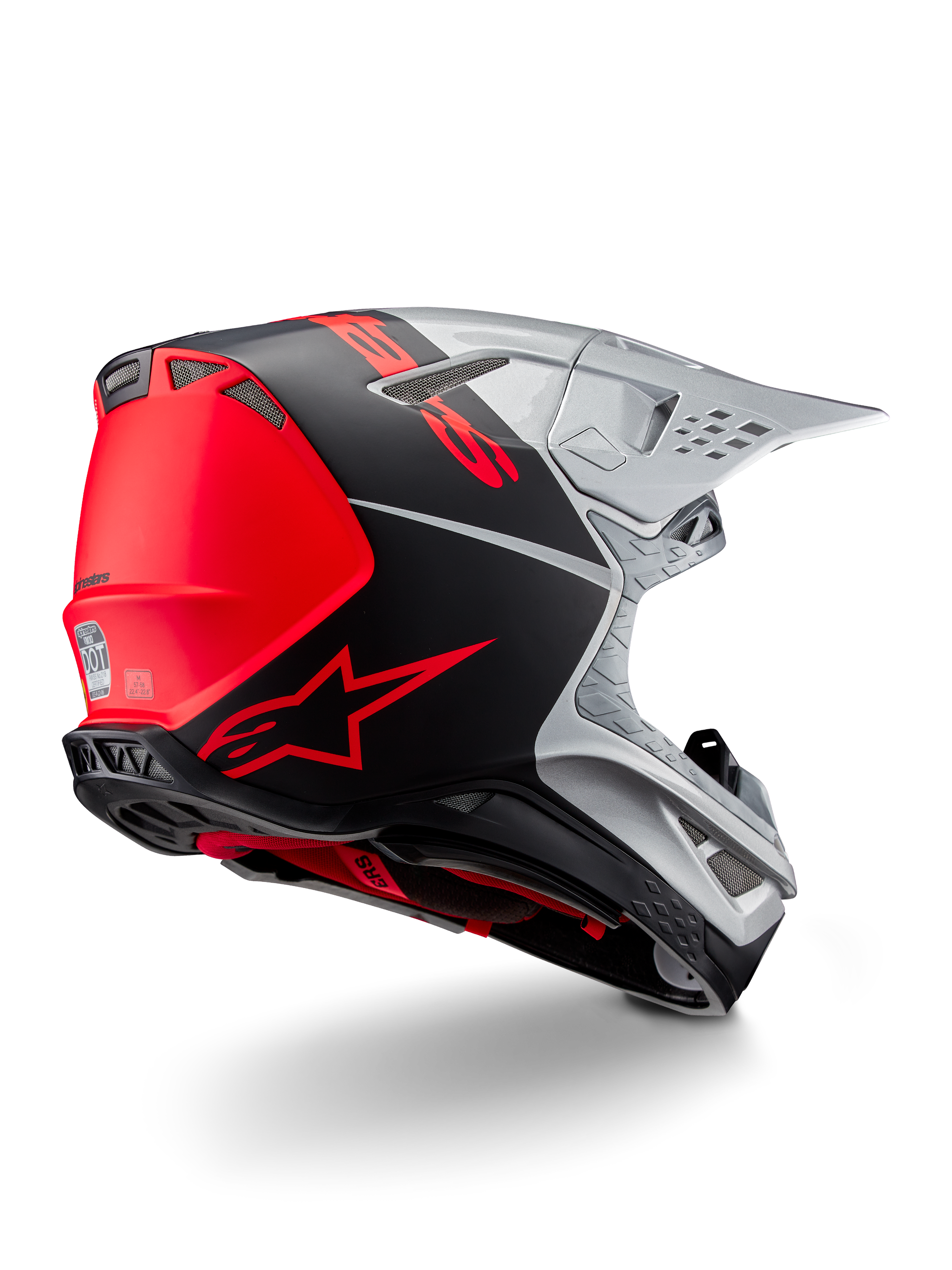 Alpinestars Supertech M10 Flood ECE 22.06 Helmet, Motocross Helmet, Silver, Black, and Orange Fluo, rear-side view highlighting aerodynamic shell design, ventilation ports, and matte-glossy finish