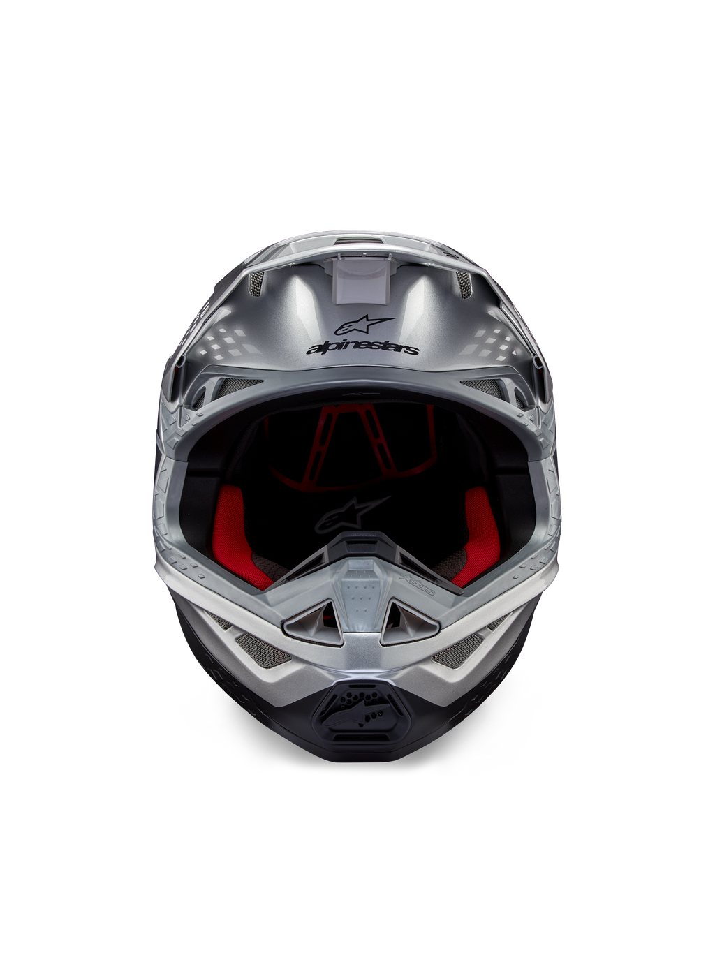 Alpinestars Supertech M10 Flood ECE 22.06 Helmet, Motocross Helmet, Silver Black and Orange Fluo, front view featuring an aerodynamic shell, wide eye port with red interior padding, black Alpinestars logo, and ventilated chin bar for off-road racing