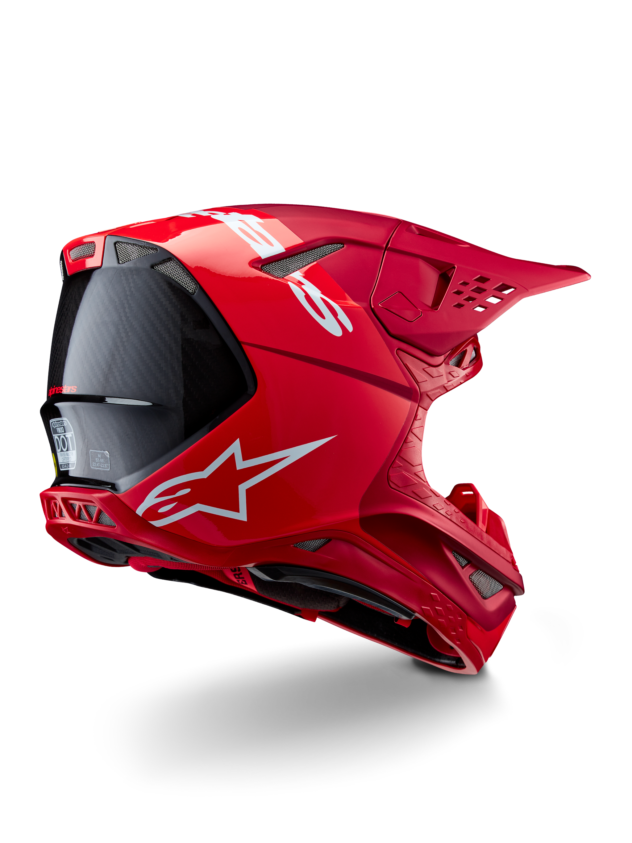 Casque Alpinestars Supertech M10 Flood, casque de motocross, rouge et rouge fluo, finition mate et brillante, vue de profil arrière avec logo Alpinestars blanc et accents en fibre de carbone, design aérodynamique avec de multiples ports de ventilation, protection de tête tout-terrain haute performance