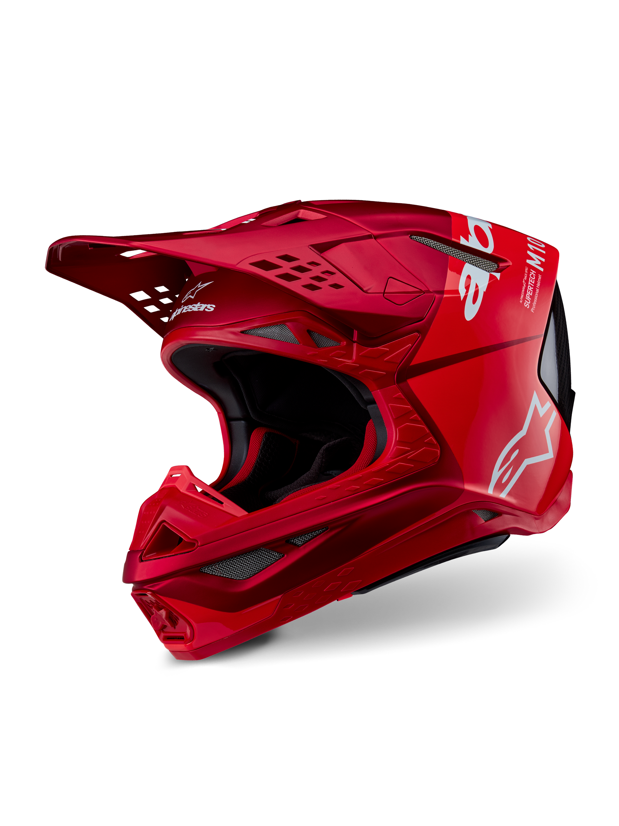 Casque Alpinestars Supertech M10 Flood, casque de motocross, rouge et rouge fluo mat et brillant, avec logos Alpinestars blancs, profil aérodynamique avec plusieurs orifices de ventilation, coque légère en composite de carbone pour la course tout-terrain