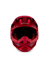 Casque Alpinestars Supertech M10 Flood, casque de motocross, rouge fluo et rouge mat/brillant, vue de face montrant un profil aérodynamique avec plusieurs prises d'air, logo Alpinestars sur le front et doublure intérieure rouge, équipement de course tout-terrain professionnel