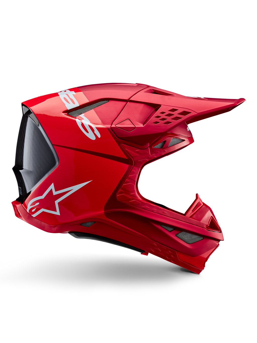 Alpinestars Supertech M10 Flood Helmet, Motocross Helmet, Red Fluo Red Matte and Glossy, side profile view featuring white branding, multiple mesh-covered vents, and aerodynamic off-road racing design