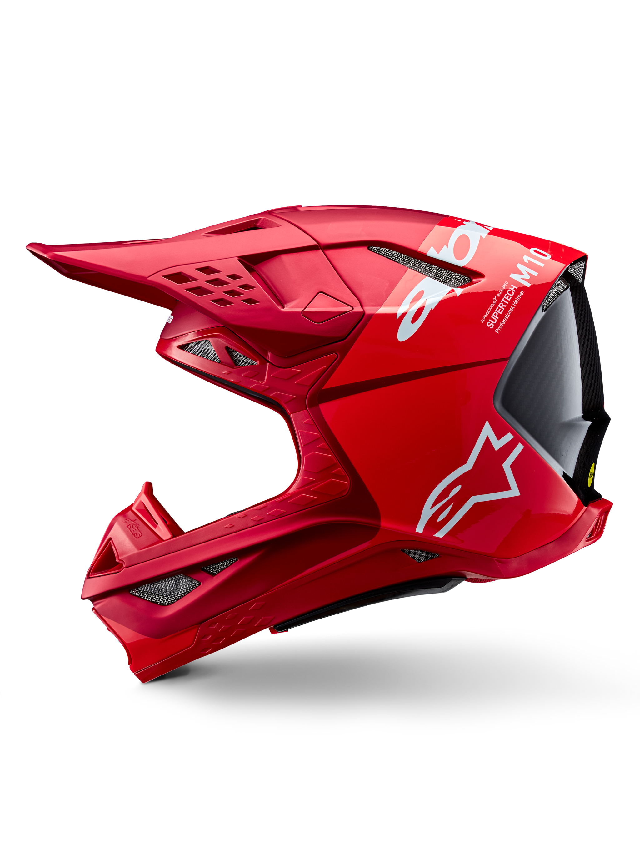 Casque Alpinestars Supertech M10 Flood ECE 22.06, casque de motocross, rouge et rouge fluo avec finition mate et brillante, vue de profil montrant le design aérodynamique de la coque, multiples orifices de ventilation et logo Alpinestars blanc.