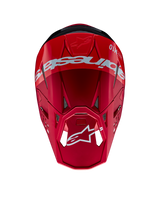 Casque Alpinestars Supertech M10 Flood, casque de motocross, rouge et rouge fluo avec finition mate et brillante, vue de dessus montrant le lettrage et le logo Alpinestars imposants, coque aérodynamique avancée avec orifices de ventilation intégrés pour la course tout-terrain