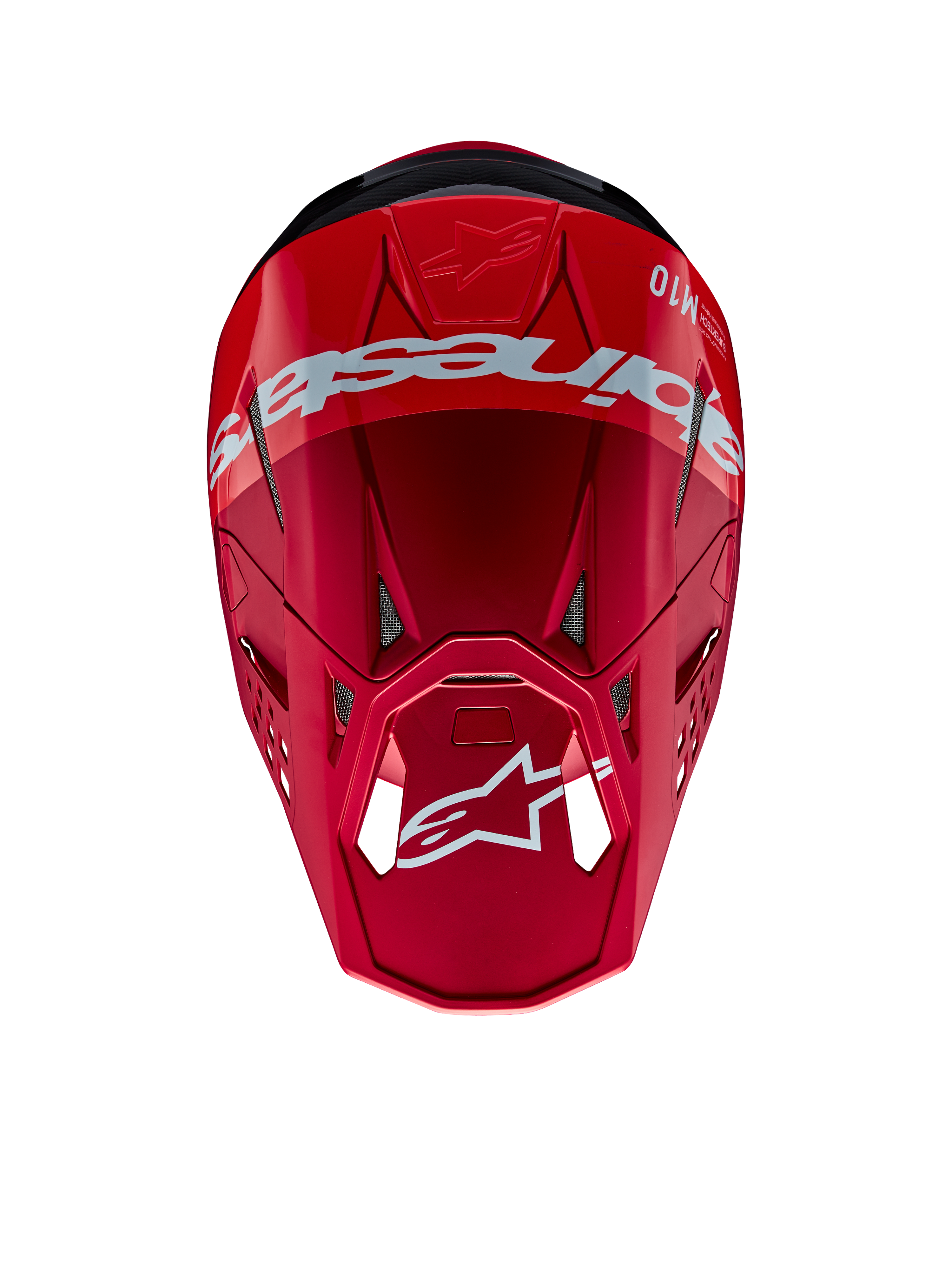Alpinestars Supertech M10 Flood Helmet, Motocross Helmet, Red and Fluo Red with Matte and Glossy finish, top-down perspective showing bold Alpinestars branding and logo, advanced aerodynamic shell with integrated ventilation ports for off-road racing