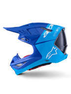 Alpinestars Supertech M10 Flood Helmet, Motocross Helmet, Metallic and Medium Blue with Black Carbon, side profile view showing matte and glossy finishes, white Alpinestars logo and Supertech M10 branding, advanced off-road racing head protection