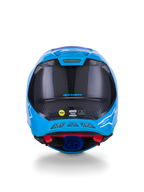Alpinestars Supertech M10 Flood Helmet, Motocross Helmet, Metallic Blue and Medium Blue with Black Carbon Fiber, rear view showing 3K carbon texture, white star logos, MIPS sticker, and exhaust ventilation ports