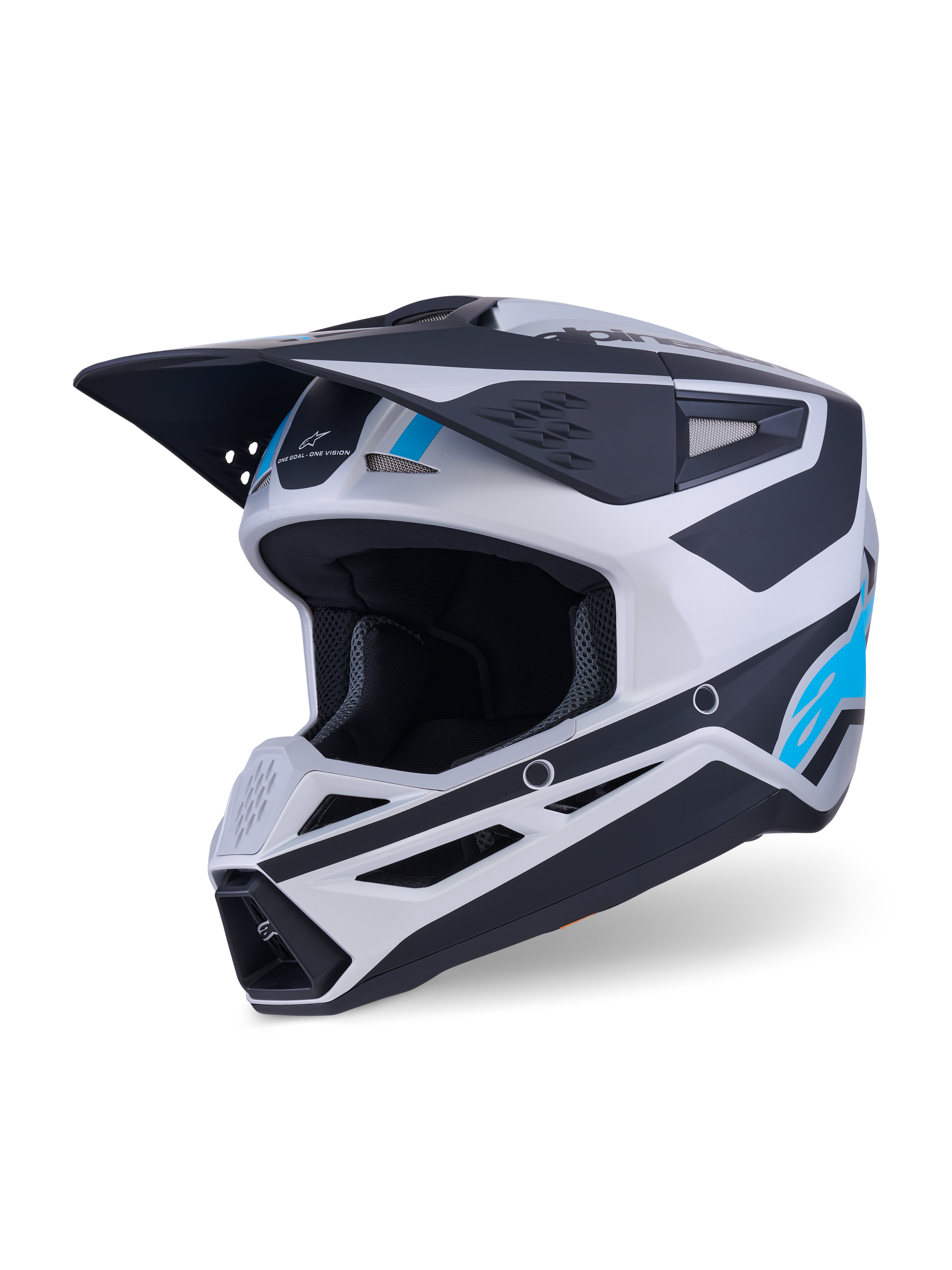 Alpinestars S-M3 Heat Helmet, Motocross Helmet, Silver Blue and Black Matte, featuring an aerodynamic visor, multiple ventilation ports, and bold graphic accents, off-road motorcycle protective gear