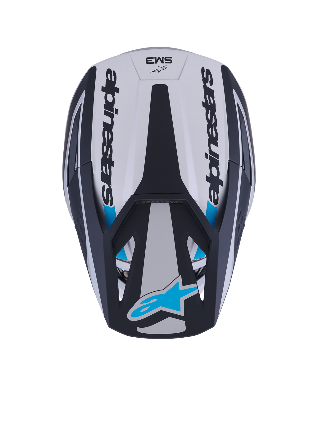 Alpinestars S-M3 Heat Helmet, Motocross Helmet, Top View, Silver Blue and Black Matte, featuring Alpinestars wordmark on the sides, blue Astar logo on the visor peak, and aerodynamic shell design with a matte finish.