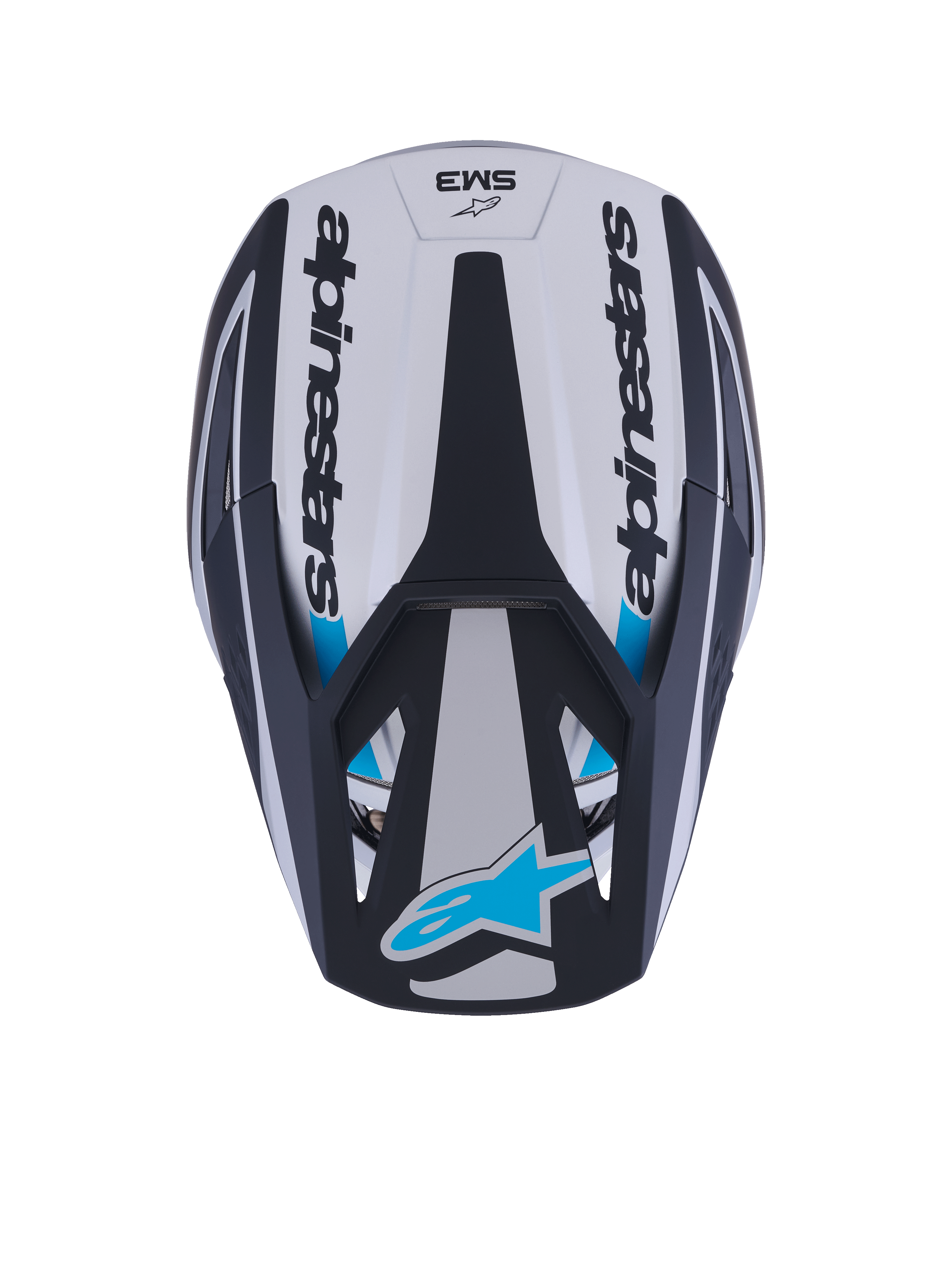 Alpinestars S-M3 Heat Helmet, Motocross Helmet, Top View, Silver Blue and Black Matte, featuring Alpinestars wordmark on the sides, blue Astar logo on the visor peak, and aerodynamic shell design with a matte finish.