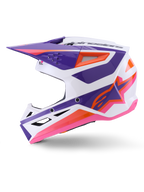 Alpinestars S-M3 Heat Helmet ECE 22.06, Motocross Helmet, White Purple and Pink Glossy with orange accents, side profile showing angular graphic design, ventilation inlets, and glossy finish for off-road racing