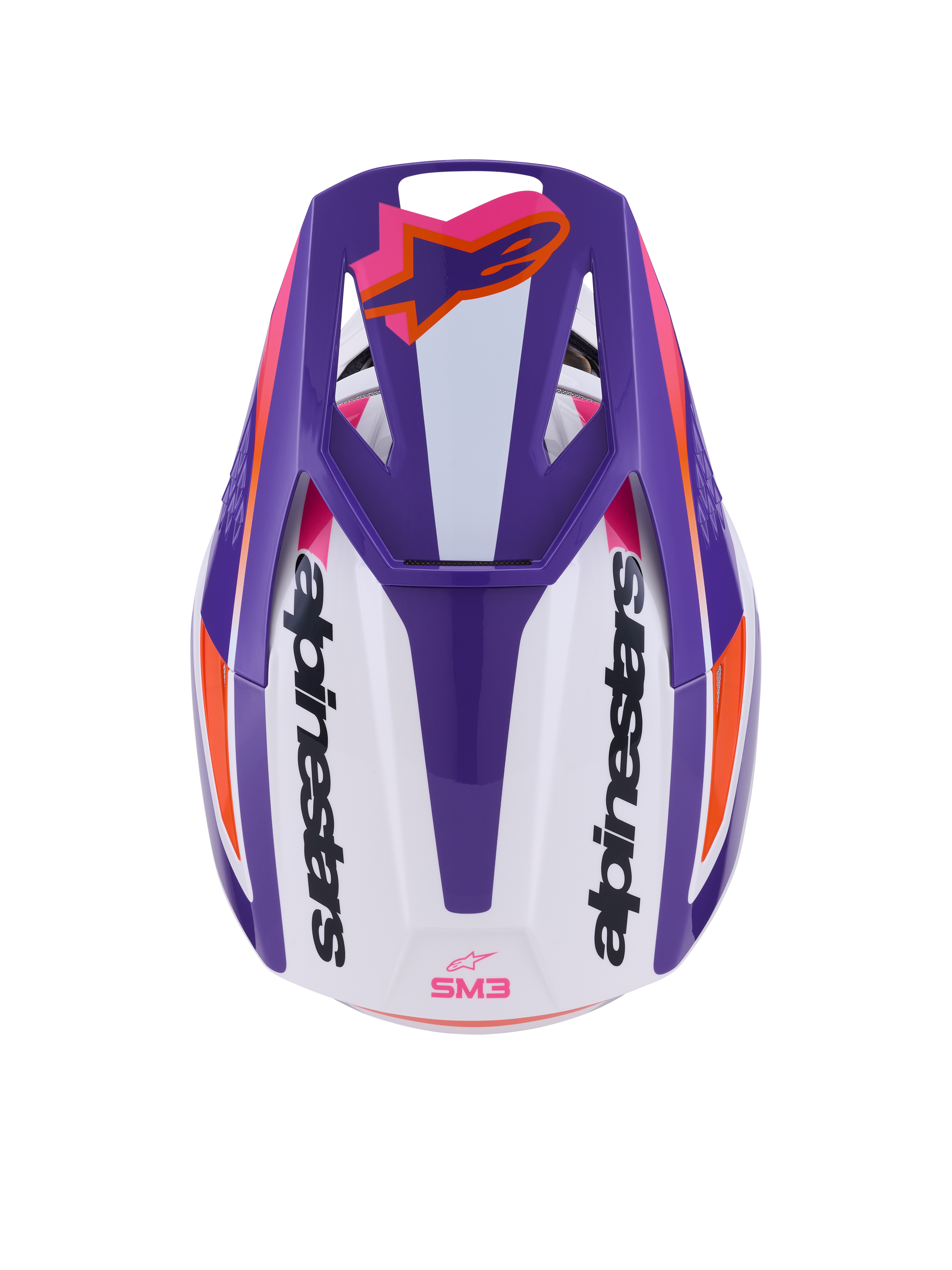 Alpinestars S-M3 Heat Helmet ECE 22.06, Motocross Helmet, White Purple and Pink Glossy, top-down view showing vented visor with orange Astars logo and side branding, glossy finish with bold graphics