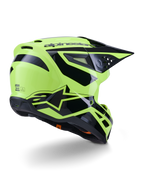 Alpinestars S-M3 Heat Helmet, Motocross Helmet, Yellow Fluo and Black Glossy, rear three-quarter view featuring an aerodynamic shell with integrated ventilation ports and bold black Alpinestars branding, high-gloss finish for off-road performance.