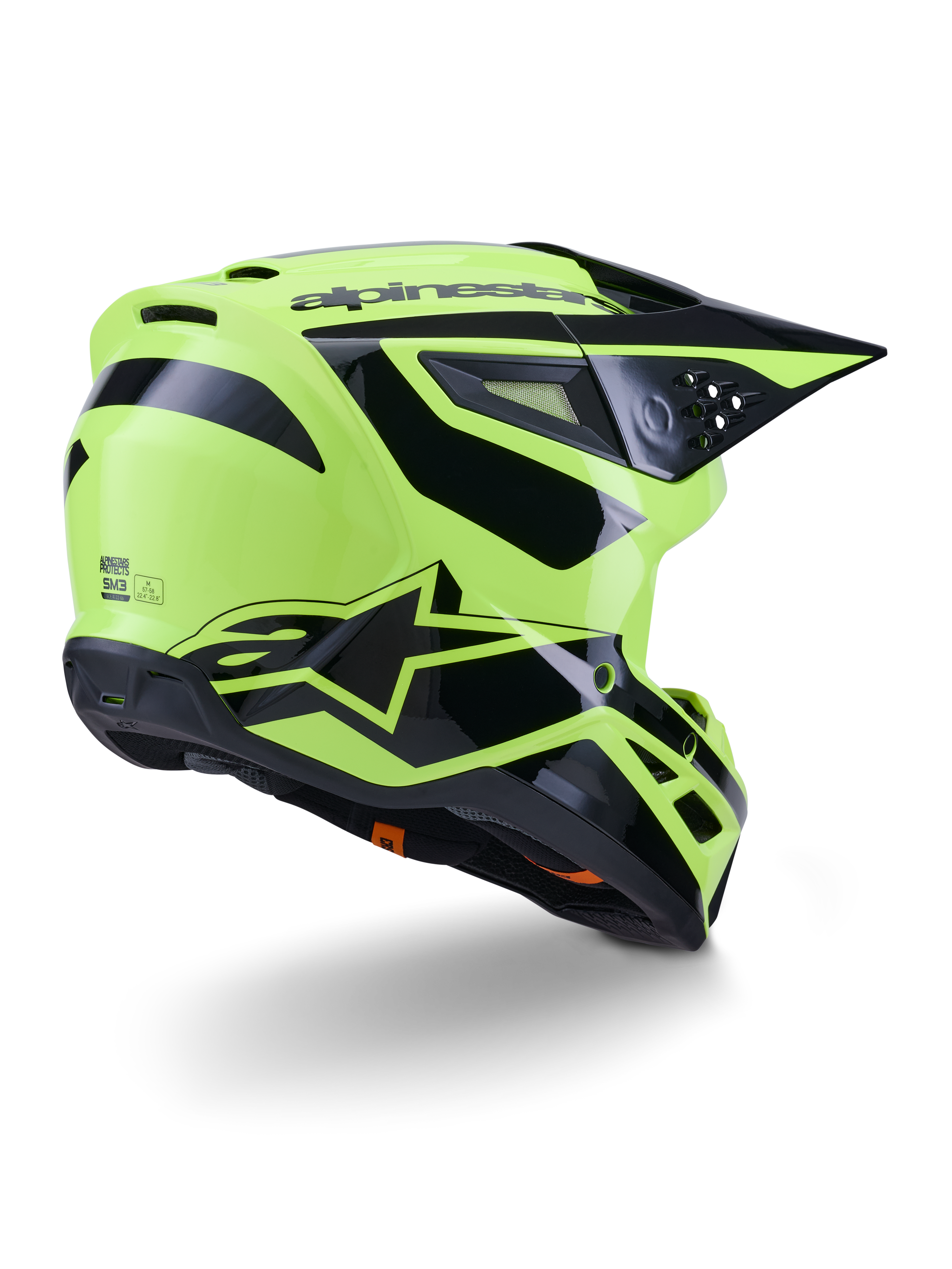 Alpinestars S-M3 Heat Helmet, Motocross Helmet, Yellow Fluo and Black Glossy, rear three-quarter view featuring an aerodynamic shell with integrated ventilation ports and bold black Alpinestars branding, high-gloss finish for off-road performance.