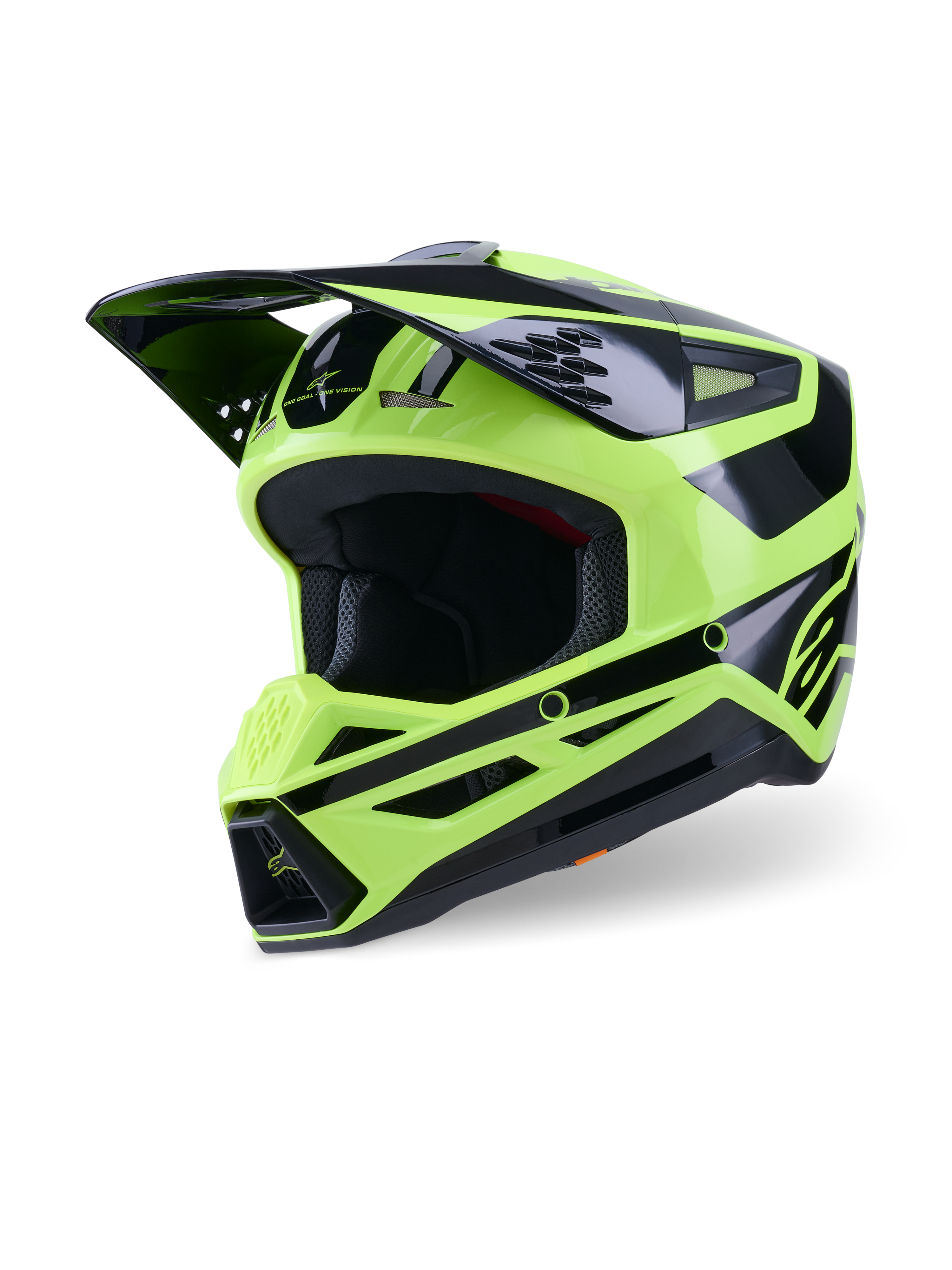 Alpinestars S-M3 Heat Helmet, Motocross Helmet, Yellow Fluo and Black Glossy, featuring an aerodynamic shell with a large peak, multiple ventilation intake ports, and aggressive chin bar styling, high-performance off-road head protection