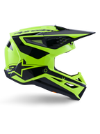 Alpinestars S-M3 Heat Helmet, Motocross Off-Road Helmet, Yellow Fluo and Black Glossy, ECE 22.06 certified, side profile featuring an angular design with a pointed visor, multiple ventilation ports, and bold black geometric graphics including the A-star logo.