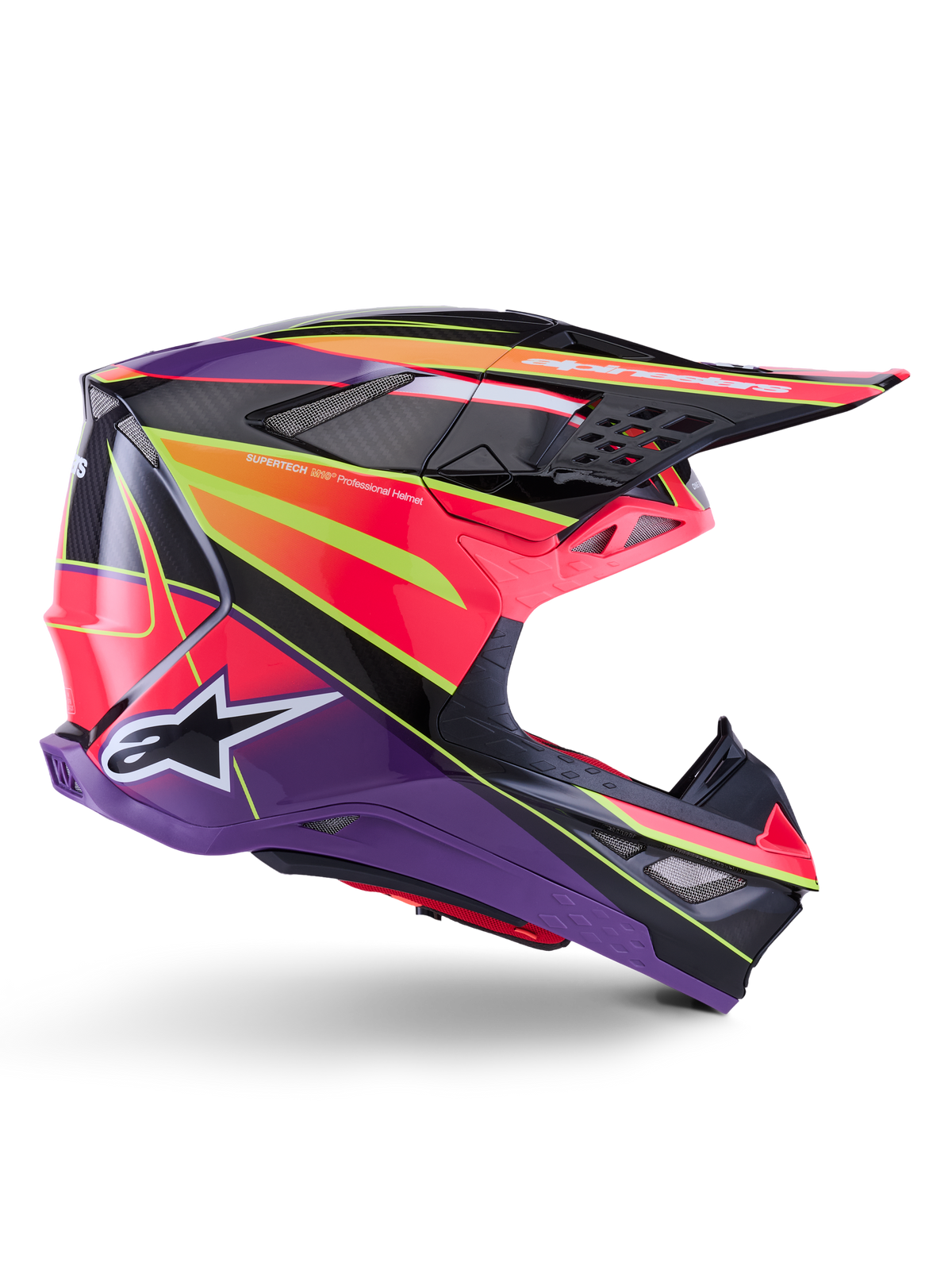Alpinestars Supertech M10 Era Helmet, Motocross Helmet, Pink Violet and Yellow Fluo Glossy, side profile view, featuring a multi-composite carbon shell with vibrant geometric patterns, integrated ventilation ports, and white Alpinestars logo, designed for elite off-road performance