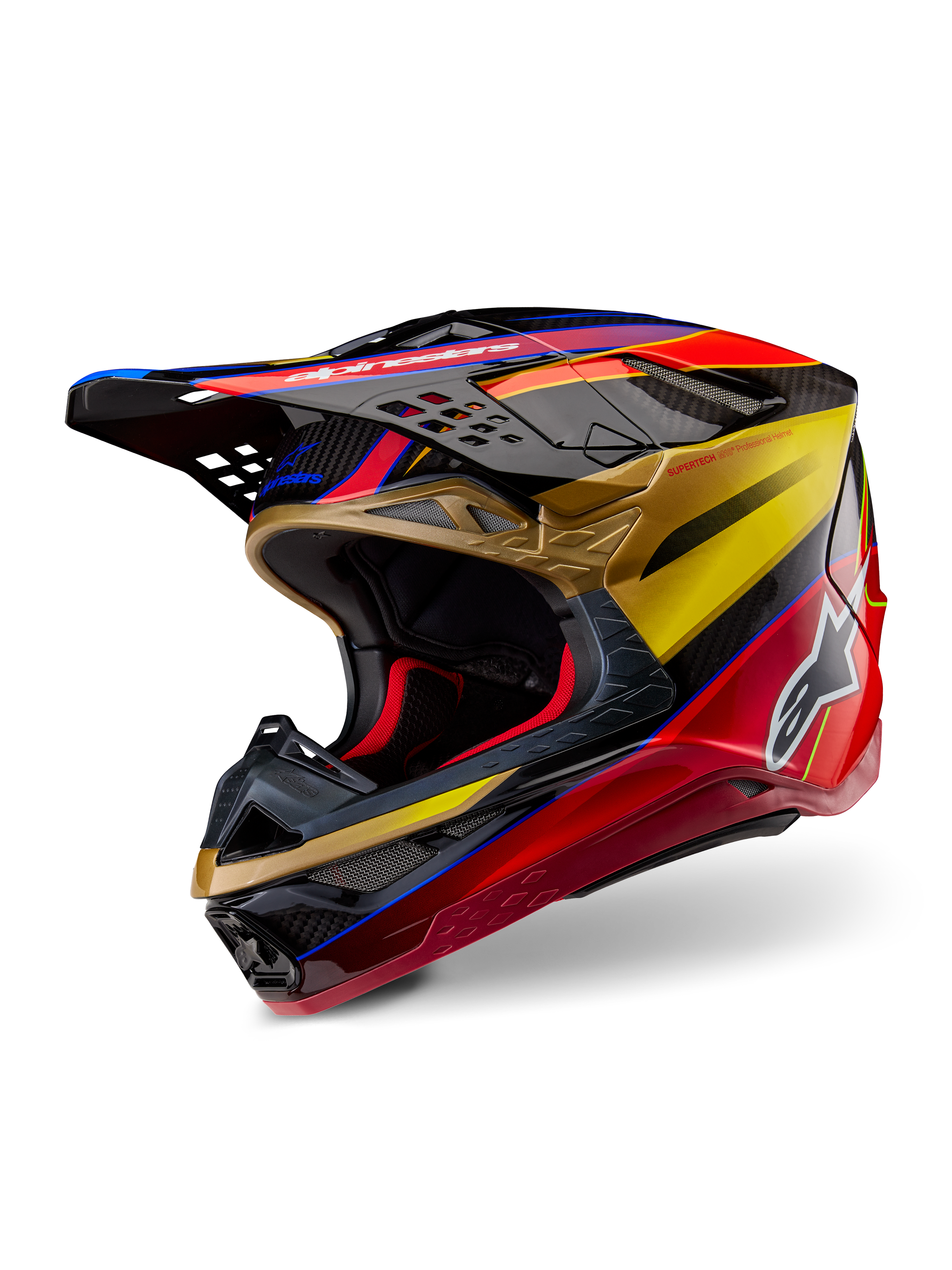 Casque Alpinestars Supertech M10 Era, casque de motocross, Or Jaune Rouge Rio Brillant, coque aérodynamique en fibre de carbone avec graphismes rouge et or éclatants, doté de multiples orifices d'admission et d'échappement, logo Alpinestars blanc et finition brillante